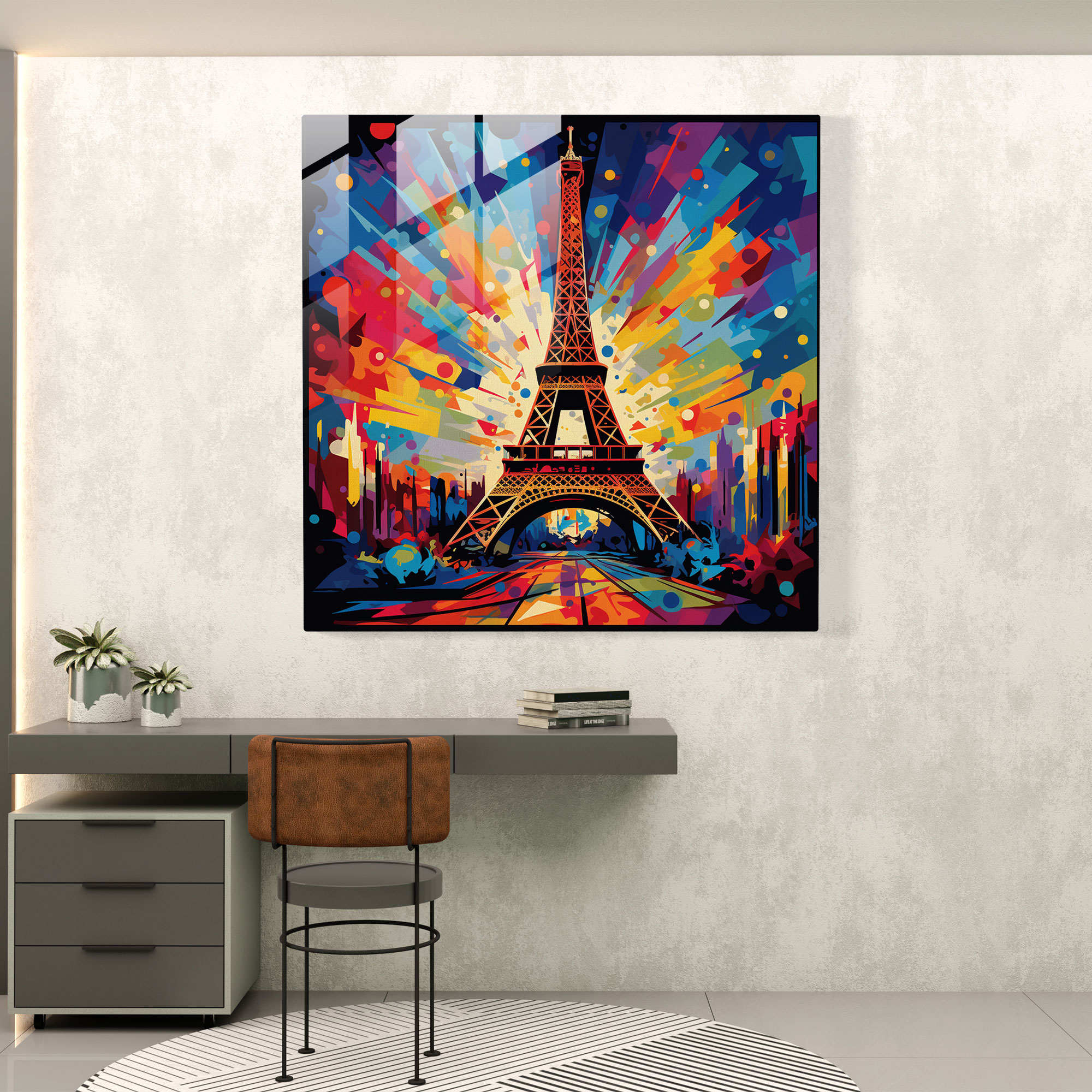 Lebendiges Glasbild - Eiffelturm zeitgenössisches grafisches Design Glaswandkunst - Wohnkultur - Wanddekoration - Moderne Kunstarbeit