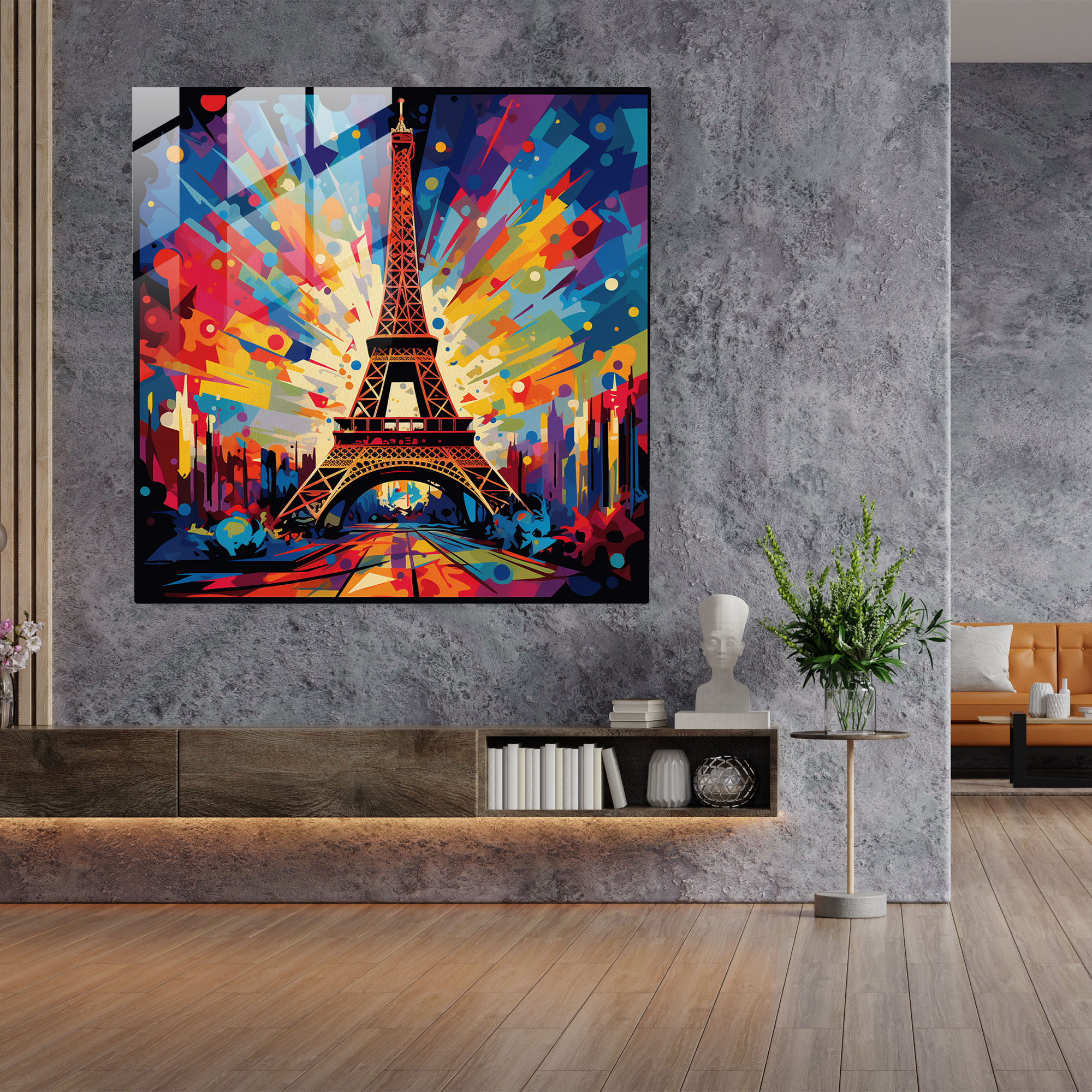 Lebendiges Glasbild - Eiffelturm zeitgenössisches grafisches Design Glaswandkunst - Wohnkultur - Wanddekoration - Moderne Kunstarbeit