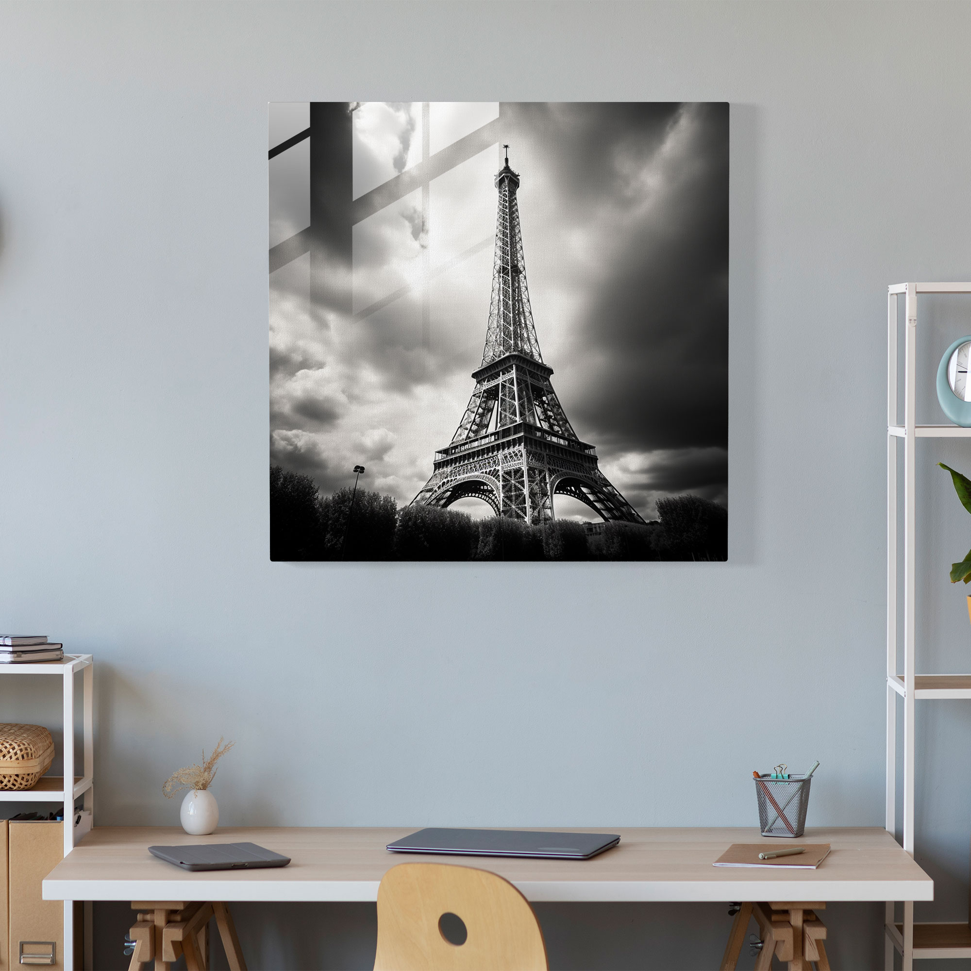 Glasbild Eiffelturm Minimalistische Schwarz-Weiß-Fotografie Wandkunst - Wohnkultur - Wanddekoration - Moderne Kunstarbeit