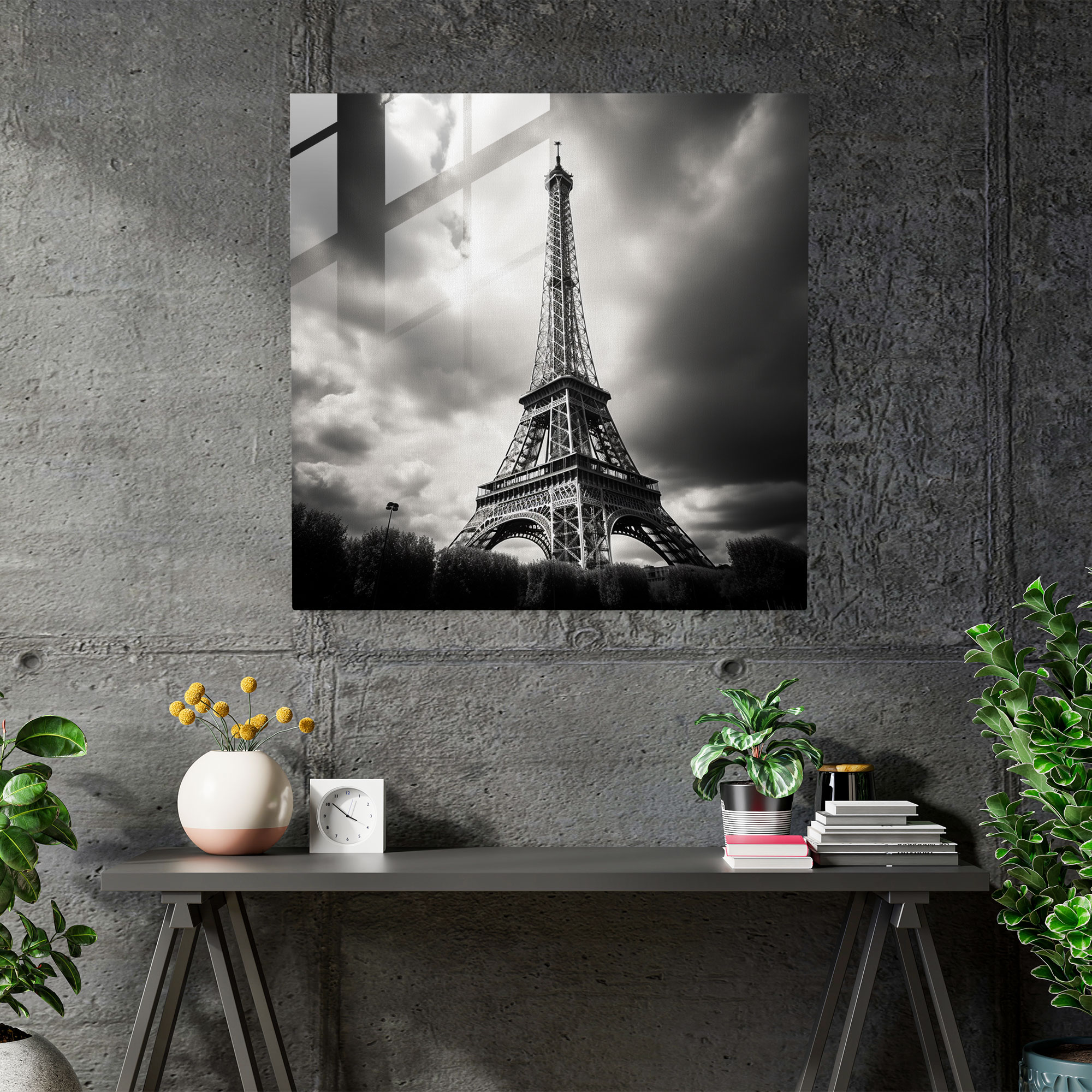 Glasbild Eiffelturm Minimalistische Schwarz-Weiß-Fotografie Wandkunst - Wohnkultur - Wanddekoration - Moderne Kunstarbeit