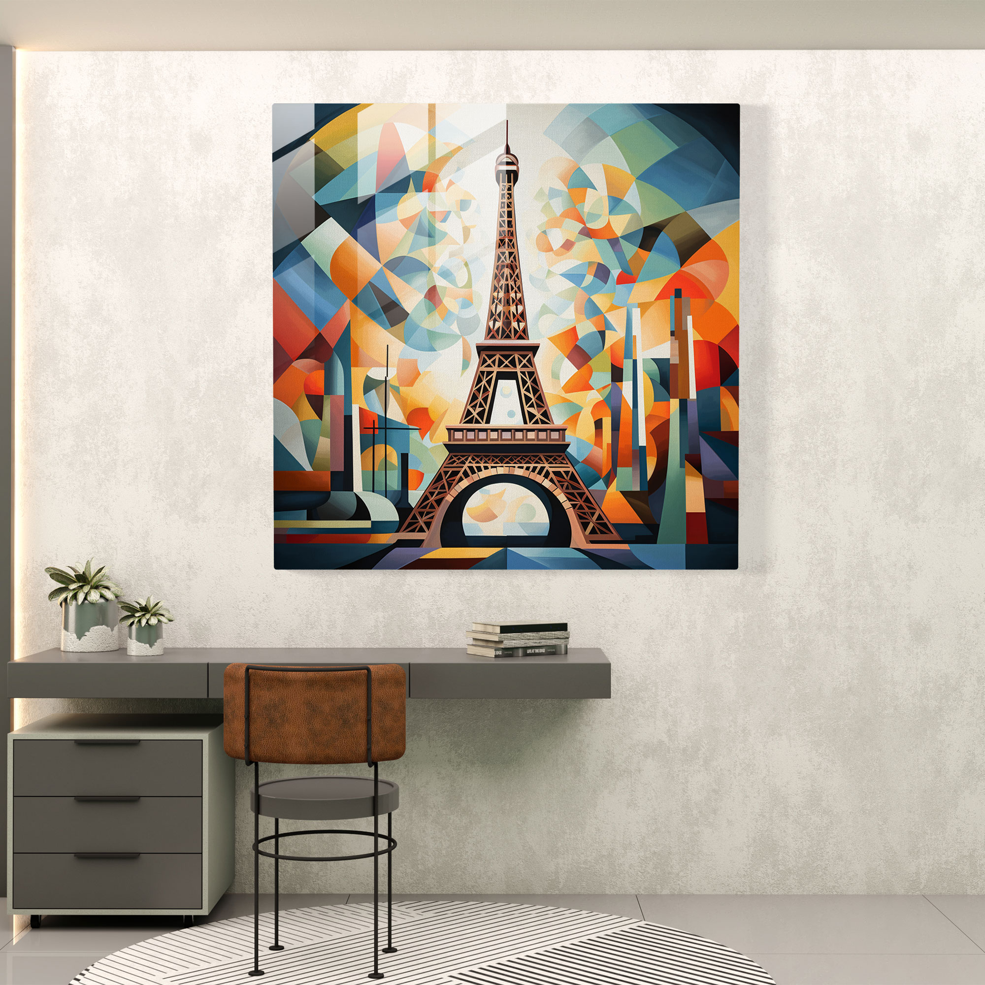 Bold Geometric Eiffel Tower Glass Wall Art