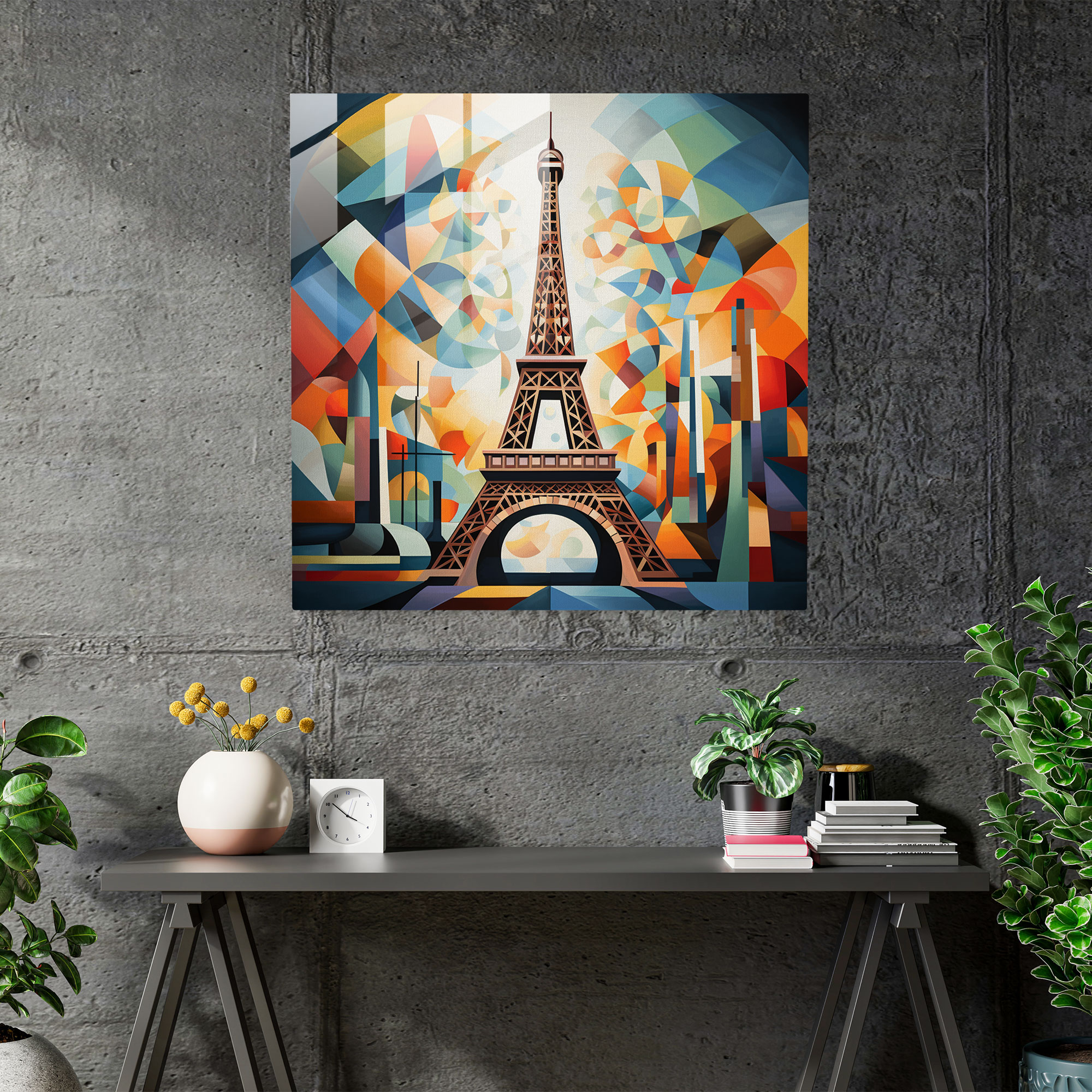 Bold Geometric Eiffel Tower Glass Wall Art
