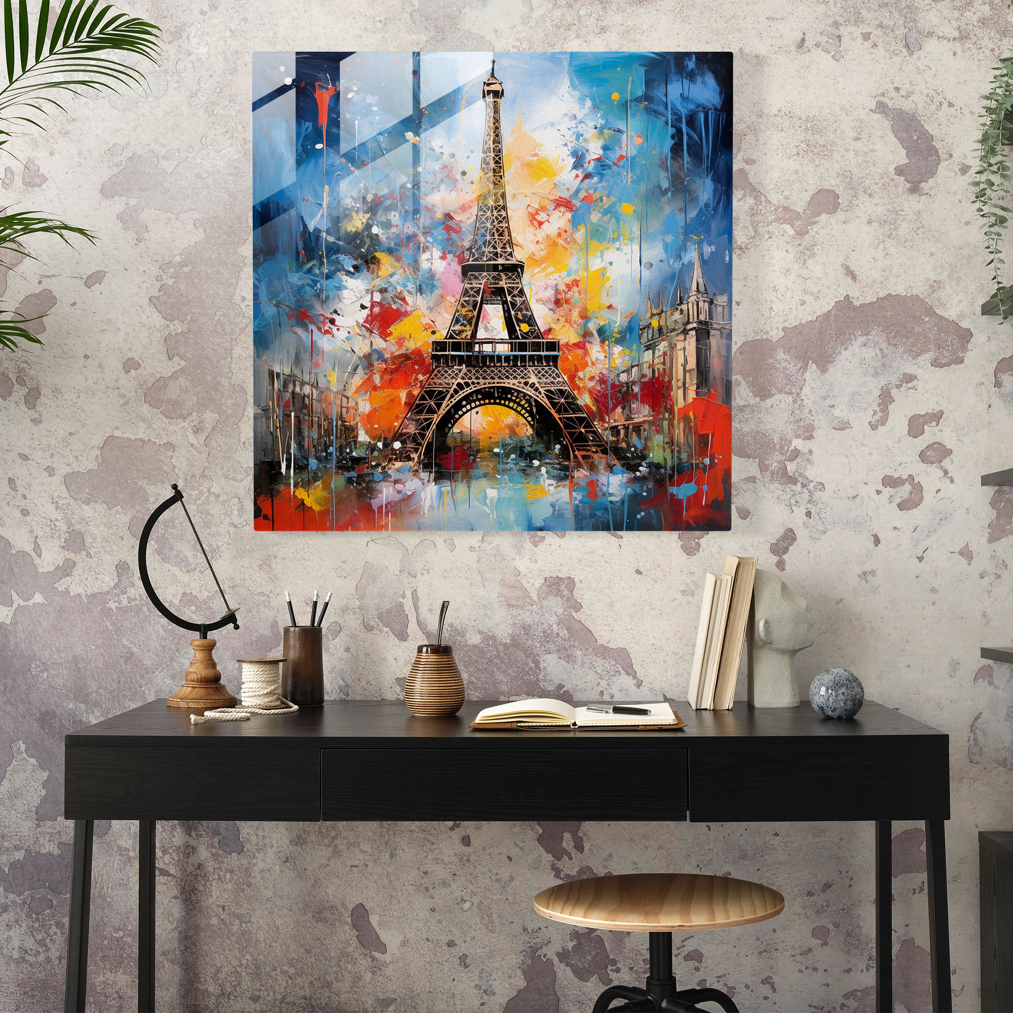 Eclectic Fusion: Eiffel Tower Glass Print - Abstract Mixed Media Artwork