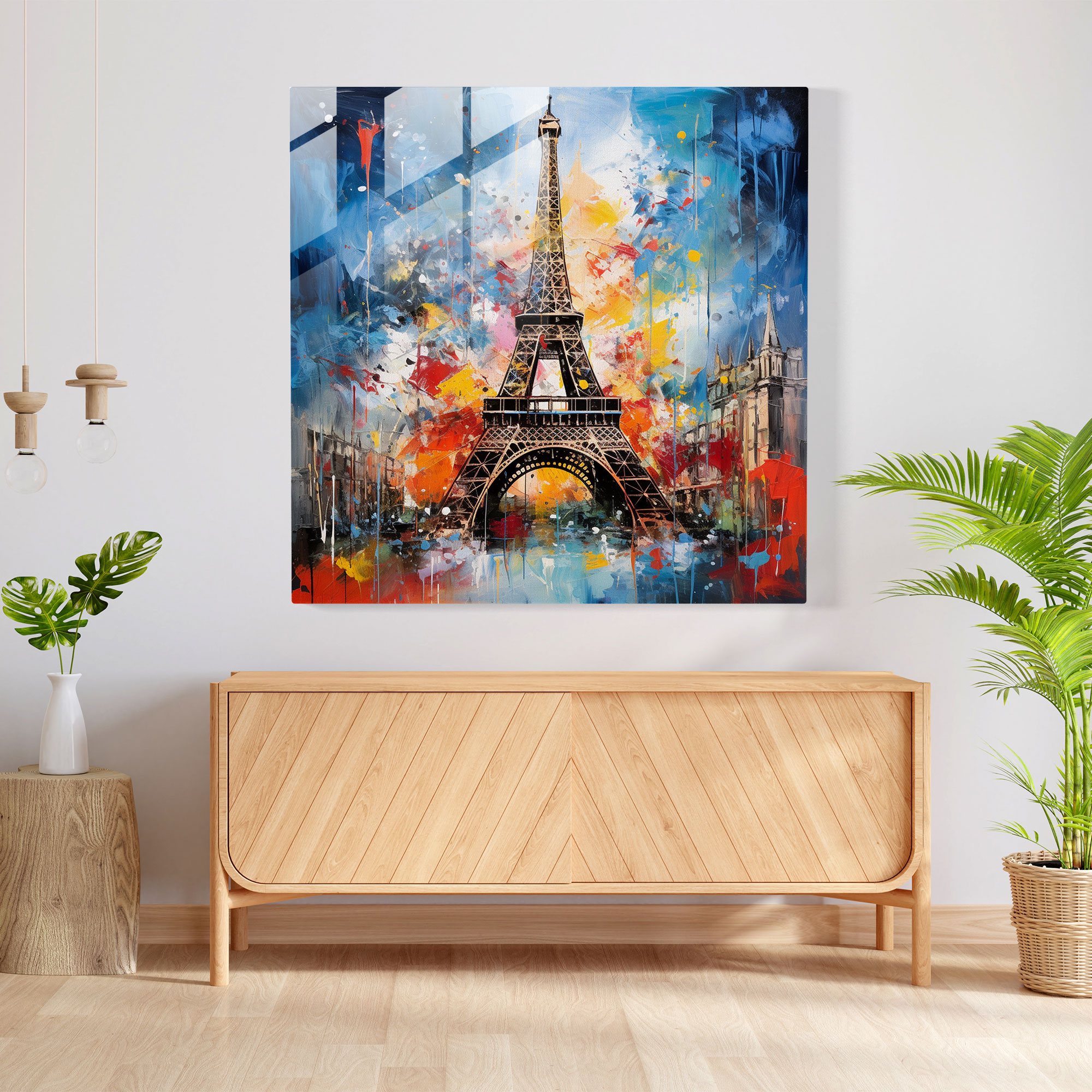 Eclectic Fusion: Eiffel Tower Glass Print - Abstract Mixed Media Artwork
