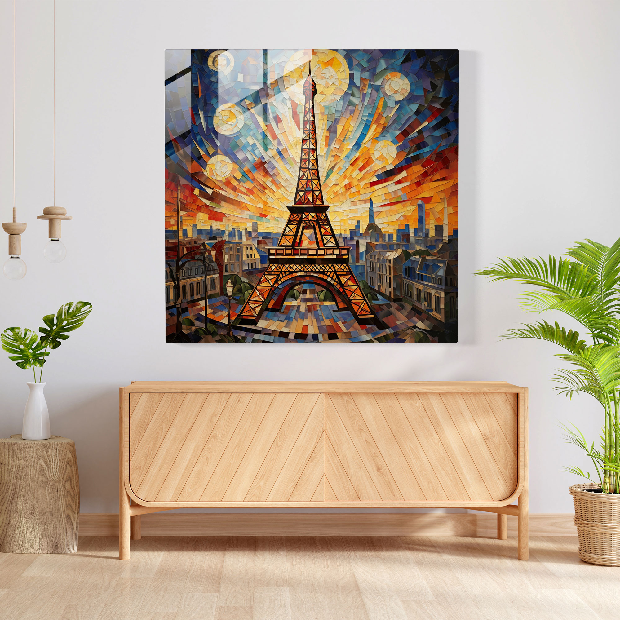 Geometric Fusion: Eiffel Tower Glass Print - Cubist-Inspired Mosaic