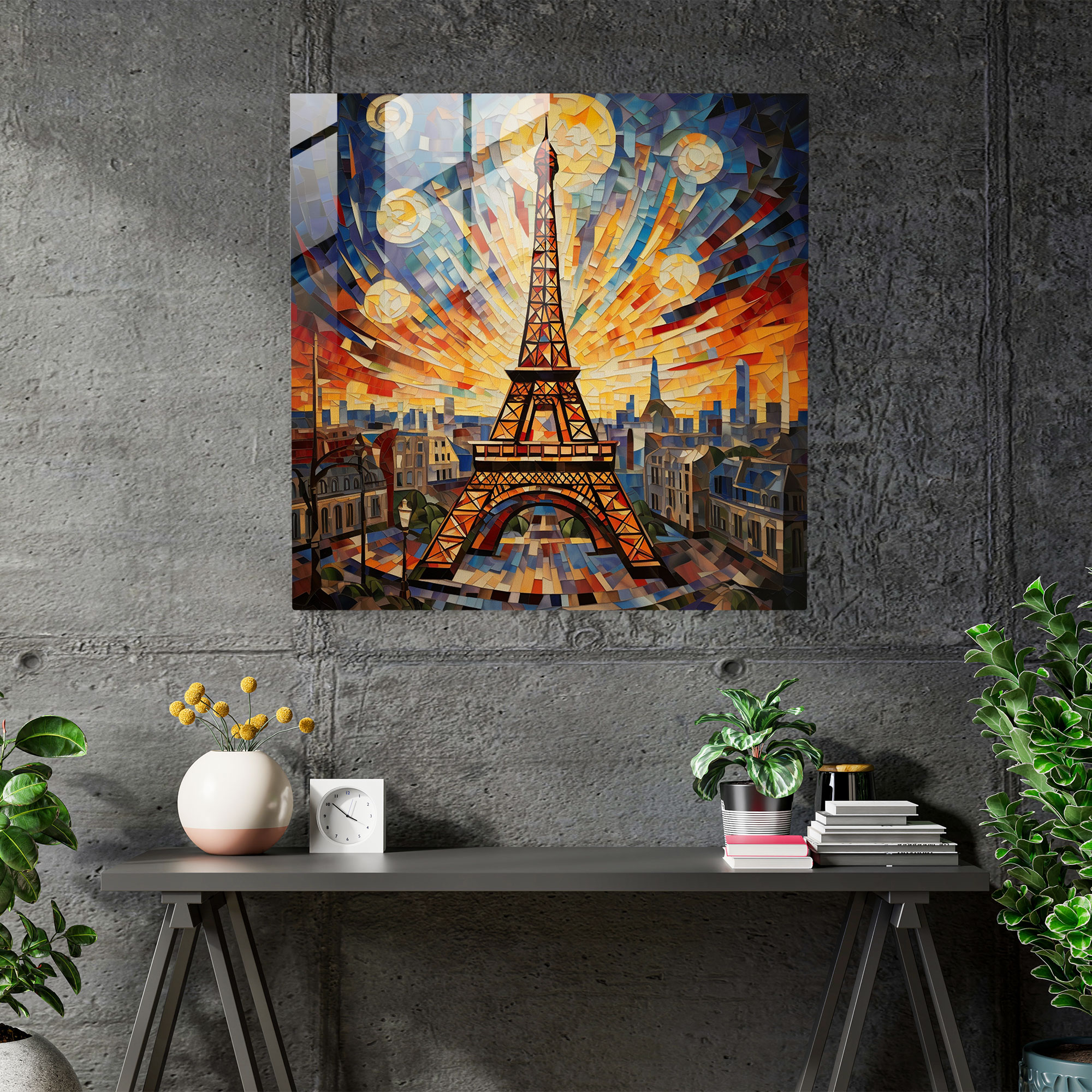 Geometric Fusion: Eiffel Tower Glass Print - Cubist-Inspired Mosaic