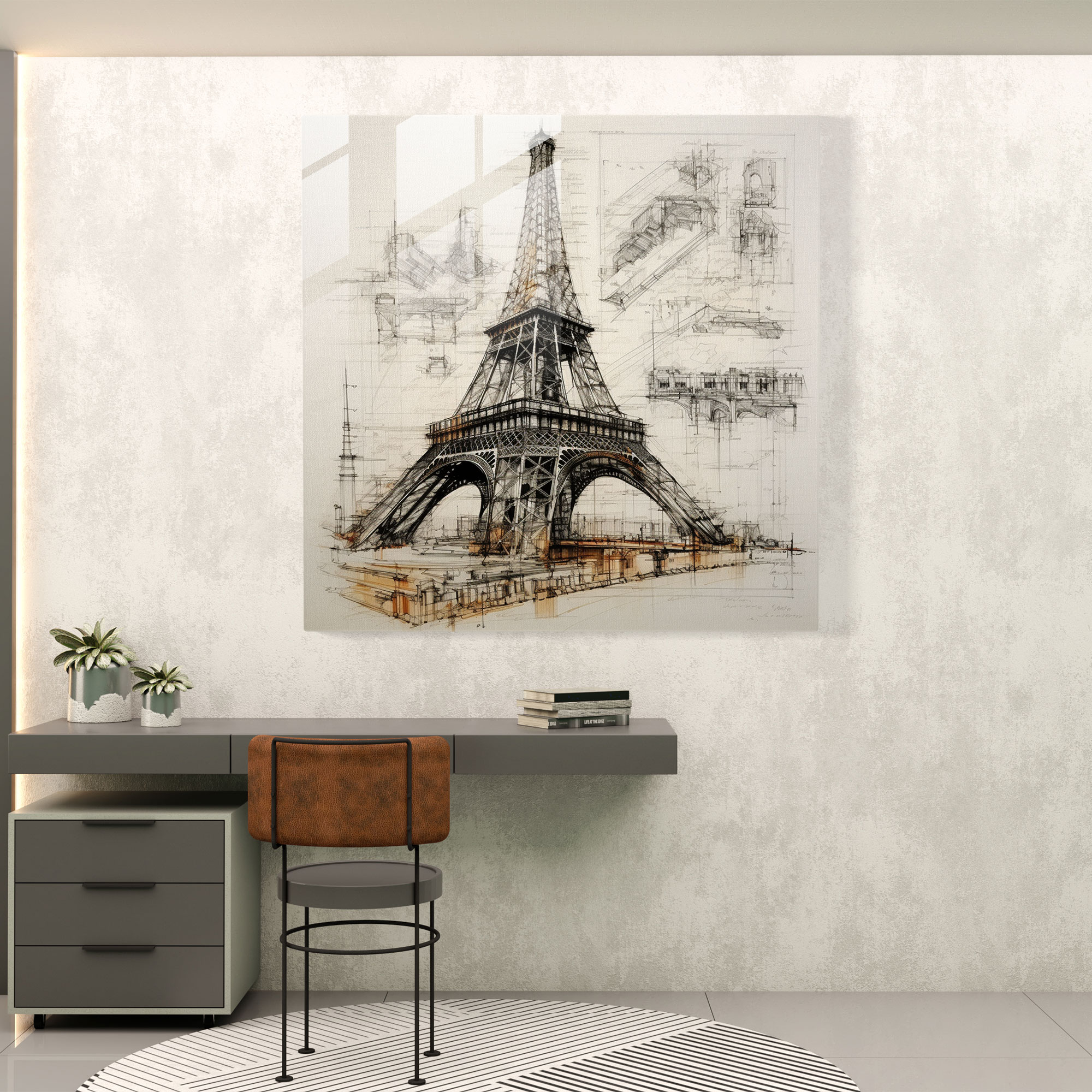 Futuristic Fusion: Eiffel Tower Glass Print - Post-Modern Architectural Sketch