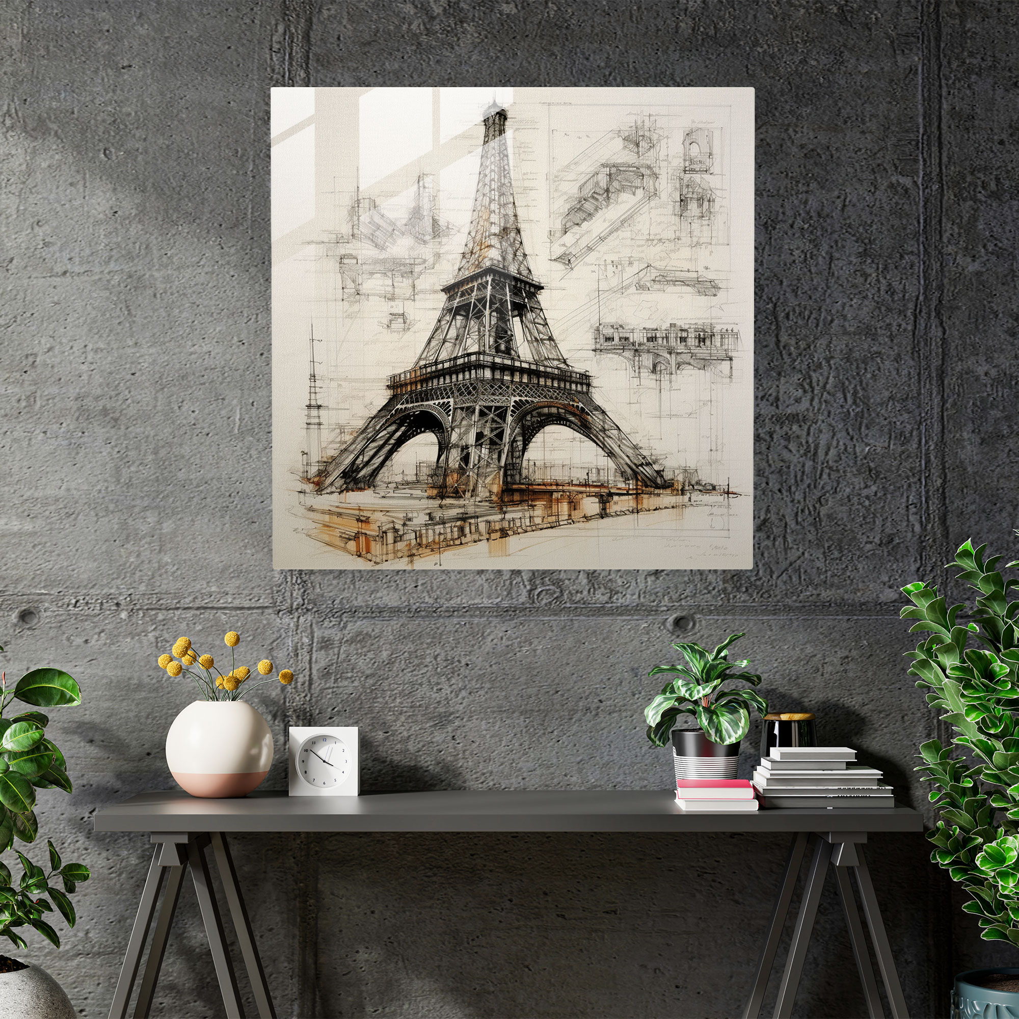 Futuristic Fusion: Eiffel Tower Glass Print - Post-Modern Architectural Sketch