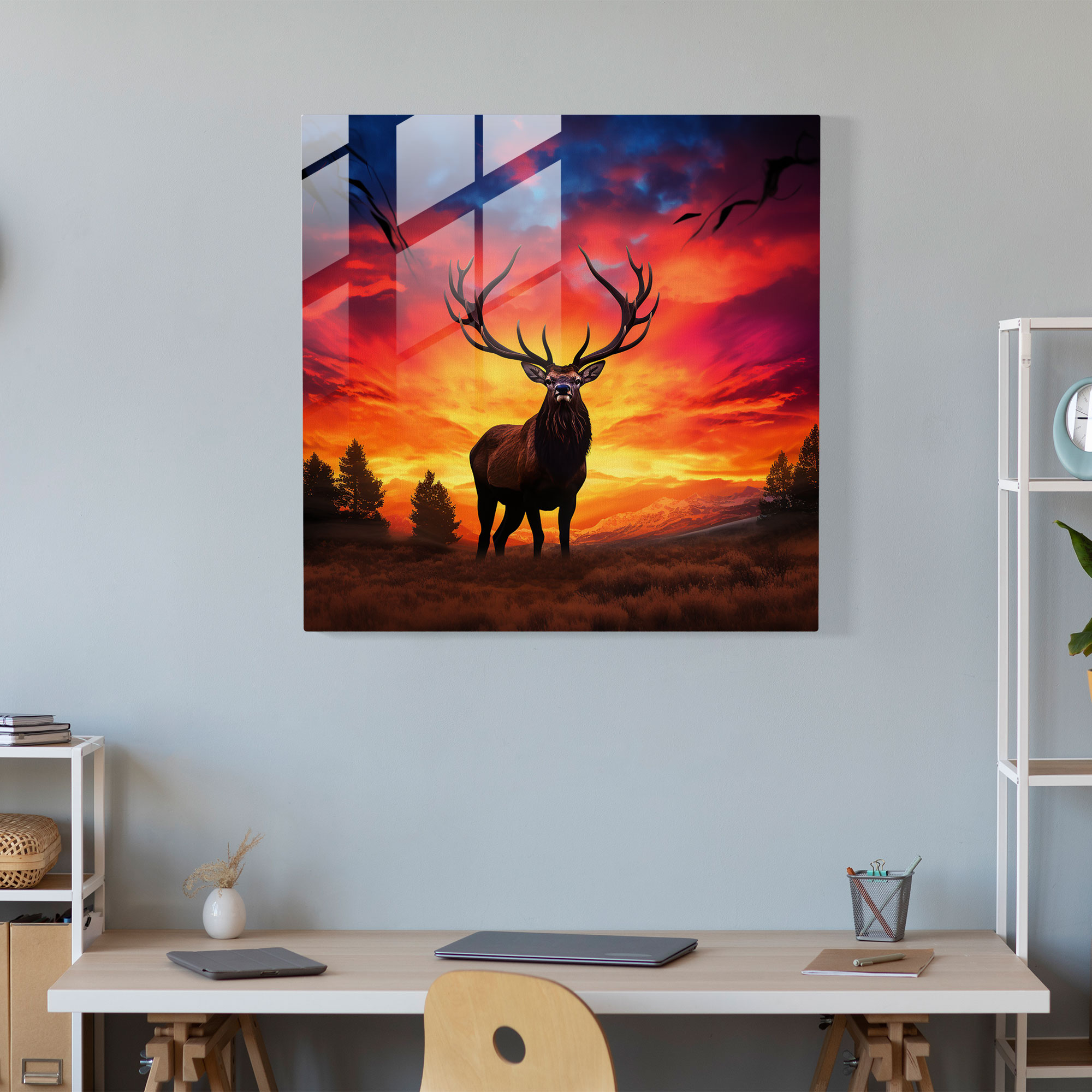 Glass Wall Art: Sunset Elk - Elk, Home Decoration, Glass Art, Elk