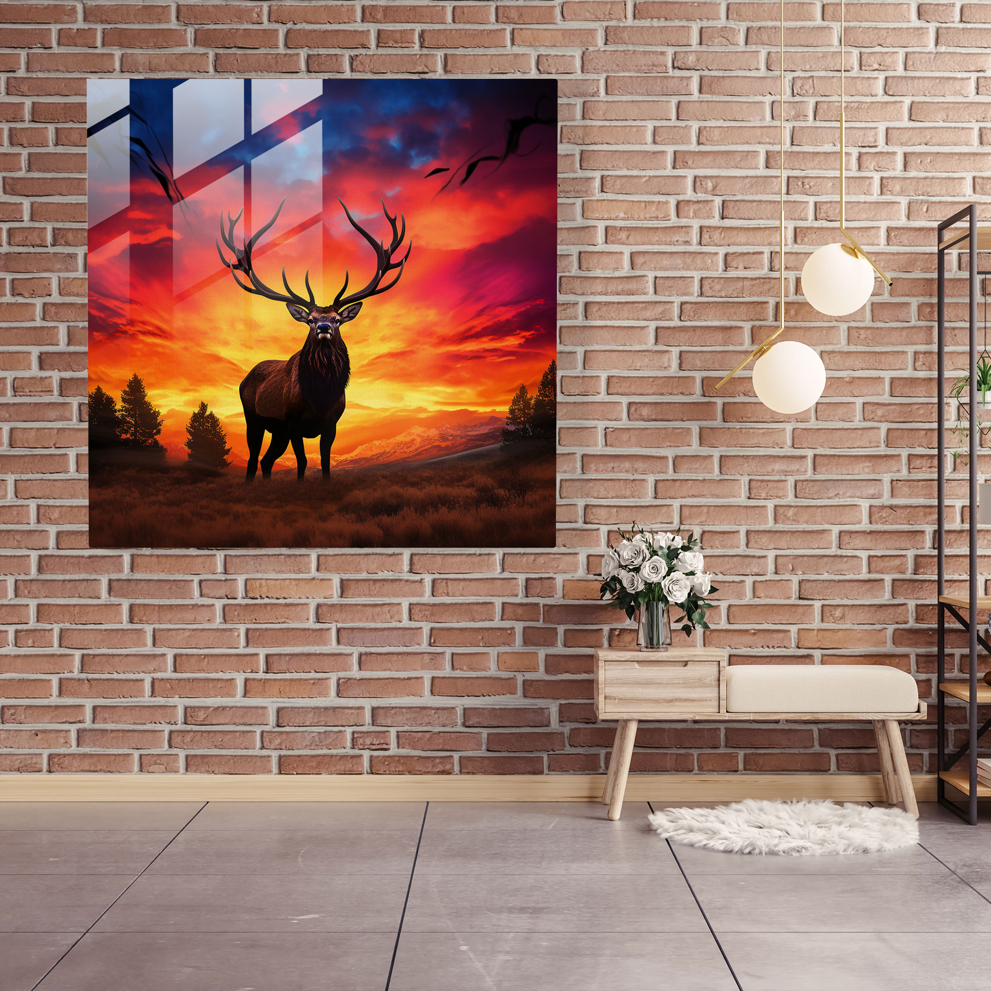 Glass Wall Art: Sunset Elk - Elk, Home Decoration, Glass Art, Elk