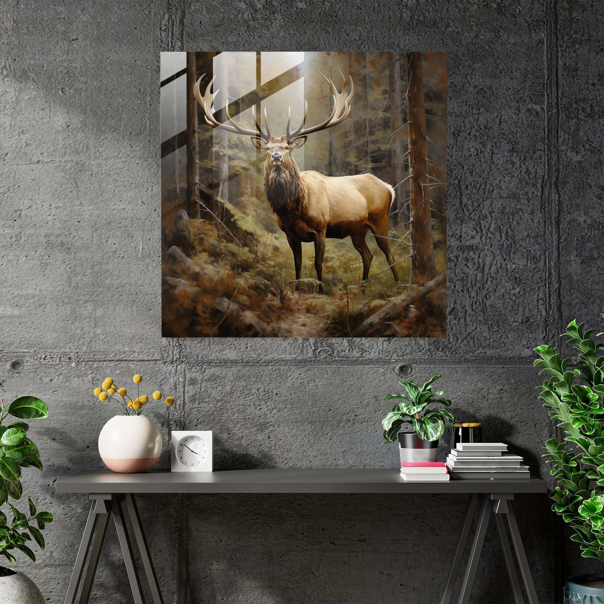 Glass Print: Regal Elk - Elk, Oil Painting, Modern Art, Forest