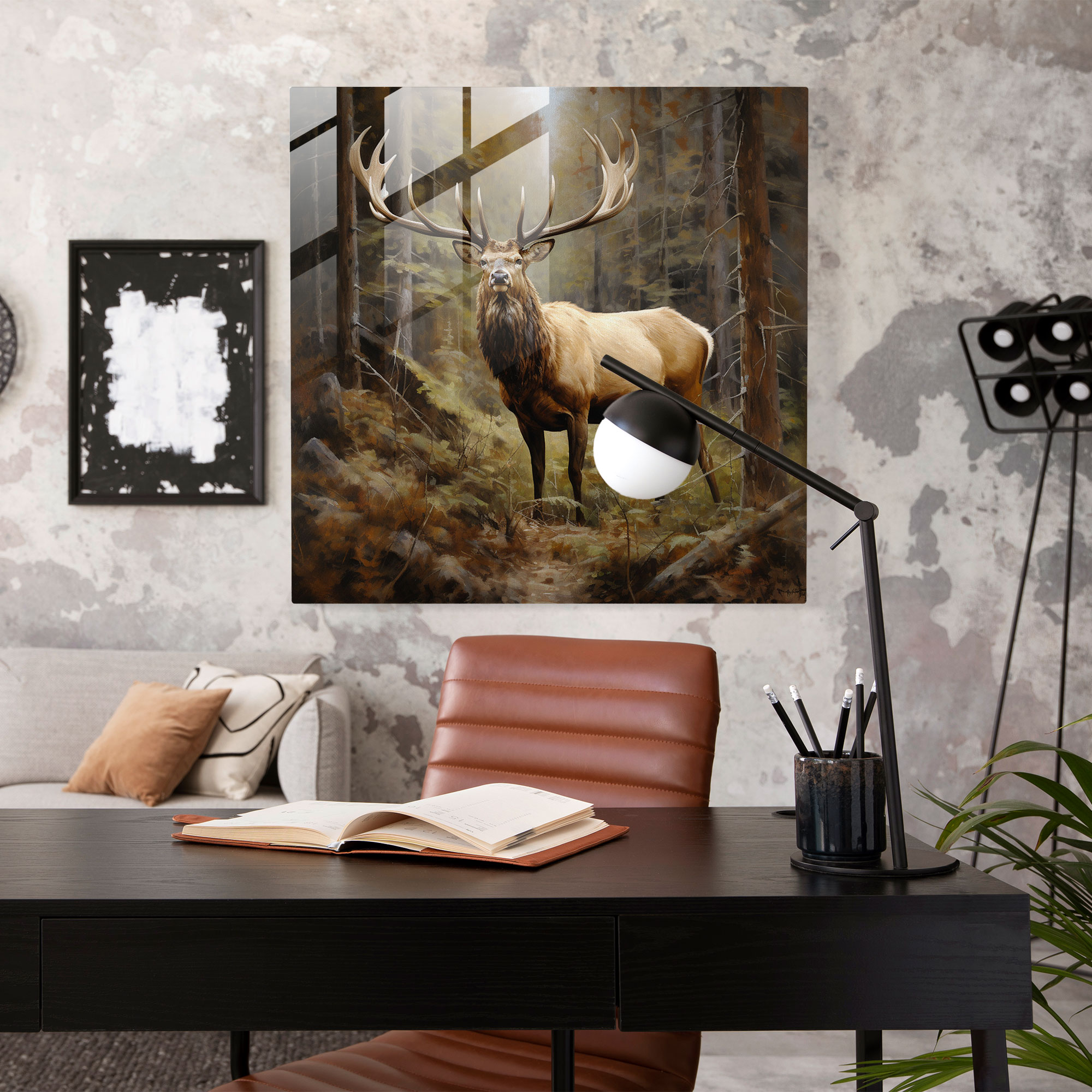 Glass Print: Regal Elk - Elk, Oil Painting, Modern Art, Forest