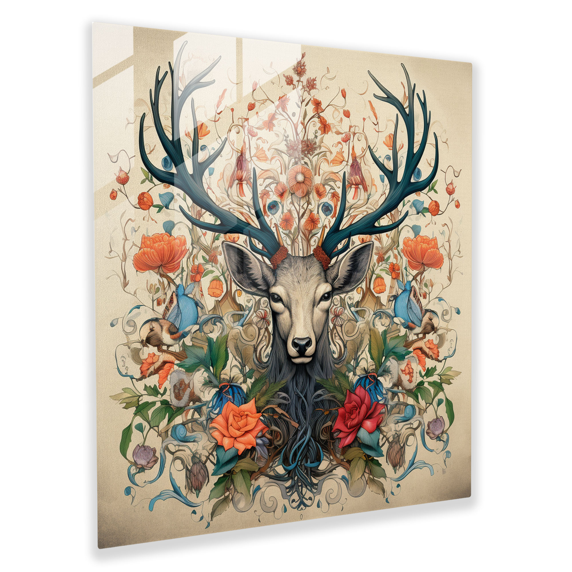 Glass Wall Art: Botanical Elk - Elk, Glass Art, Home Decoration, Illustration