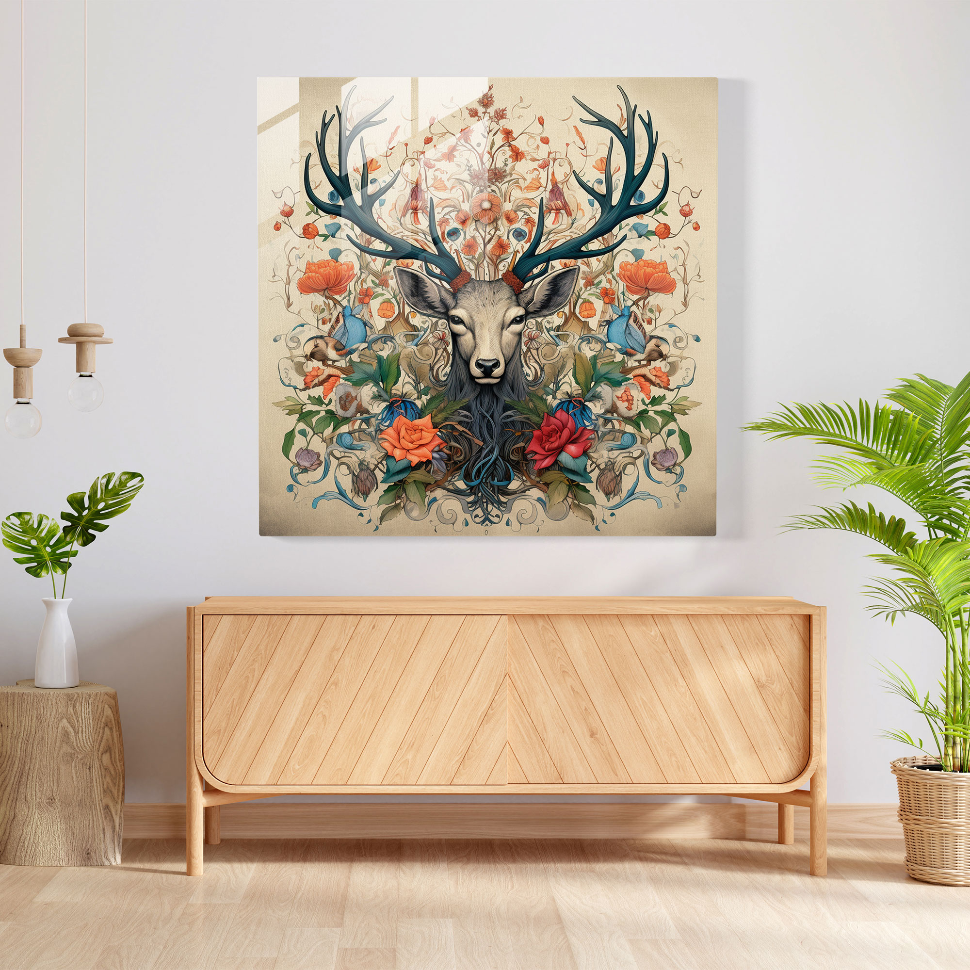 Glass Wall Art: Botanical Elk - Elk, Glass Art, Home Decoration, Illustration