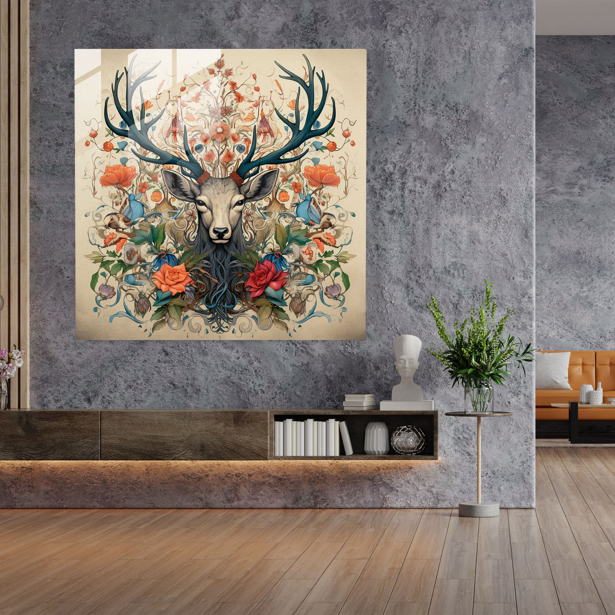 Glass Wall Art: Botanical Elk - Elk, Glass Art, Home Decoration, Illustration