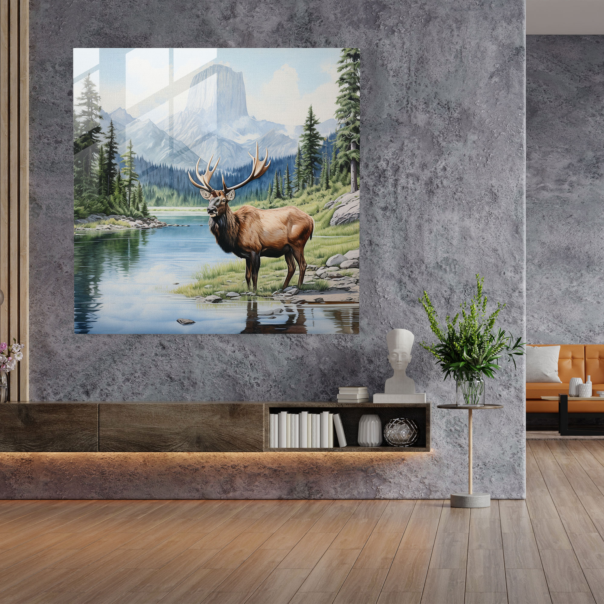 Elk Cam Tablo - Foto Gerçek Su Rengi Ev Dekorasyonu - Geyik Duvar Dekorasyonu Su Rengi Huzur Veren