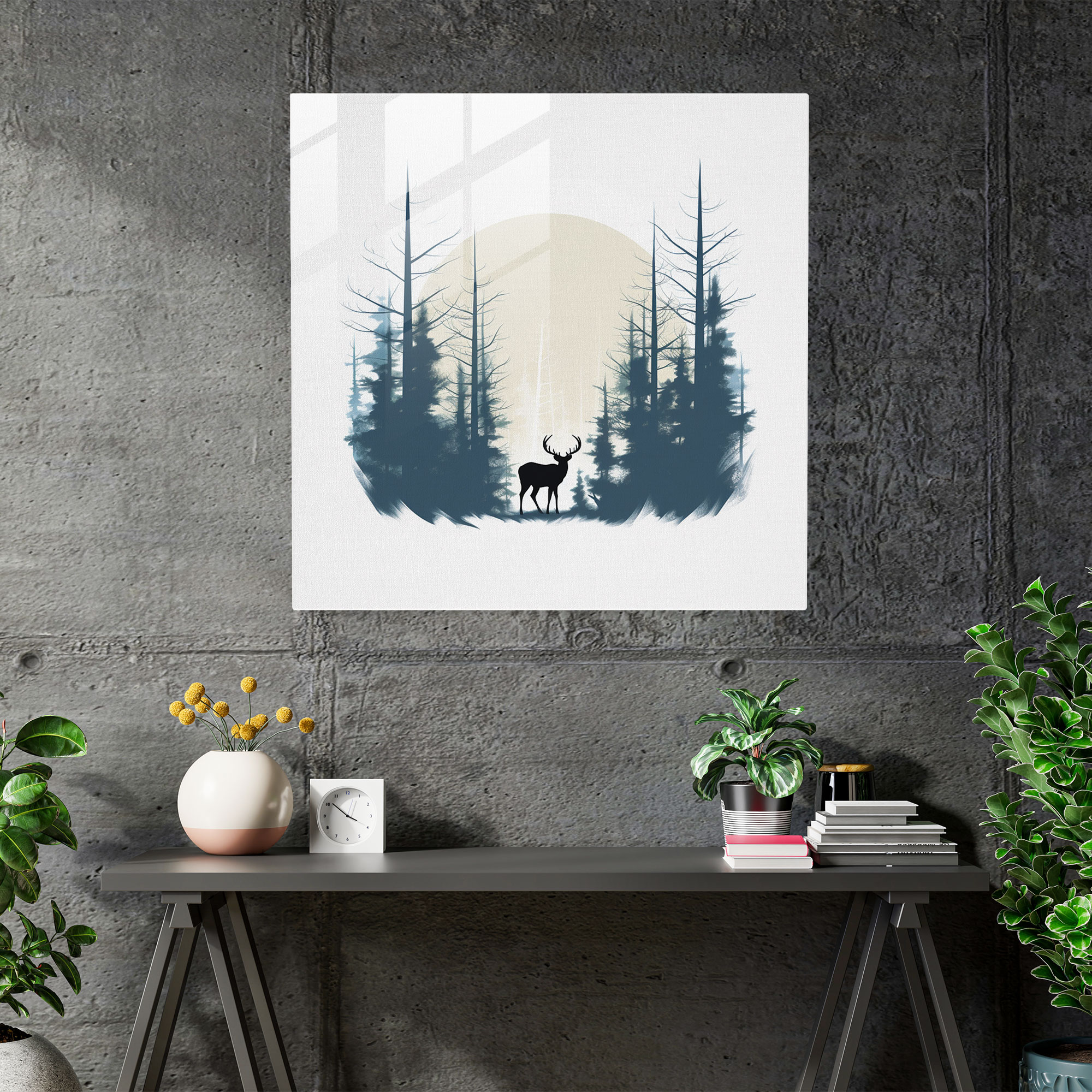 Elk Cam Tablo - Minimalist Çizgili Çizim Modern Duvar Dekorasyonu - Geyik Modern Sanat Minimalist Orman