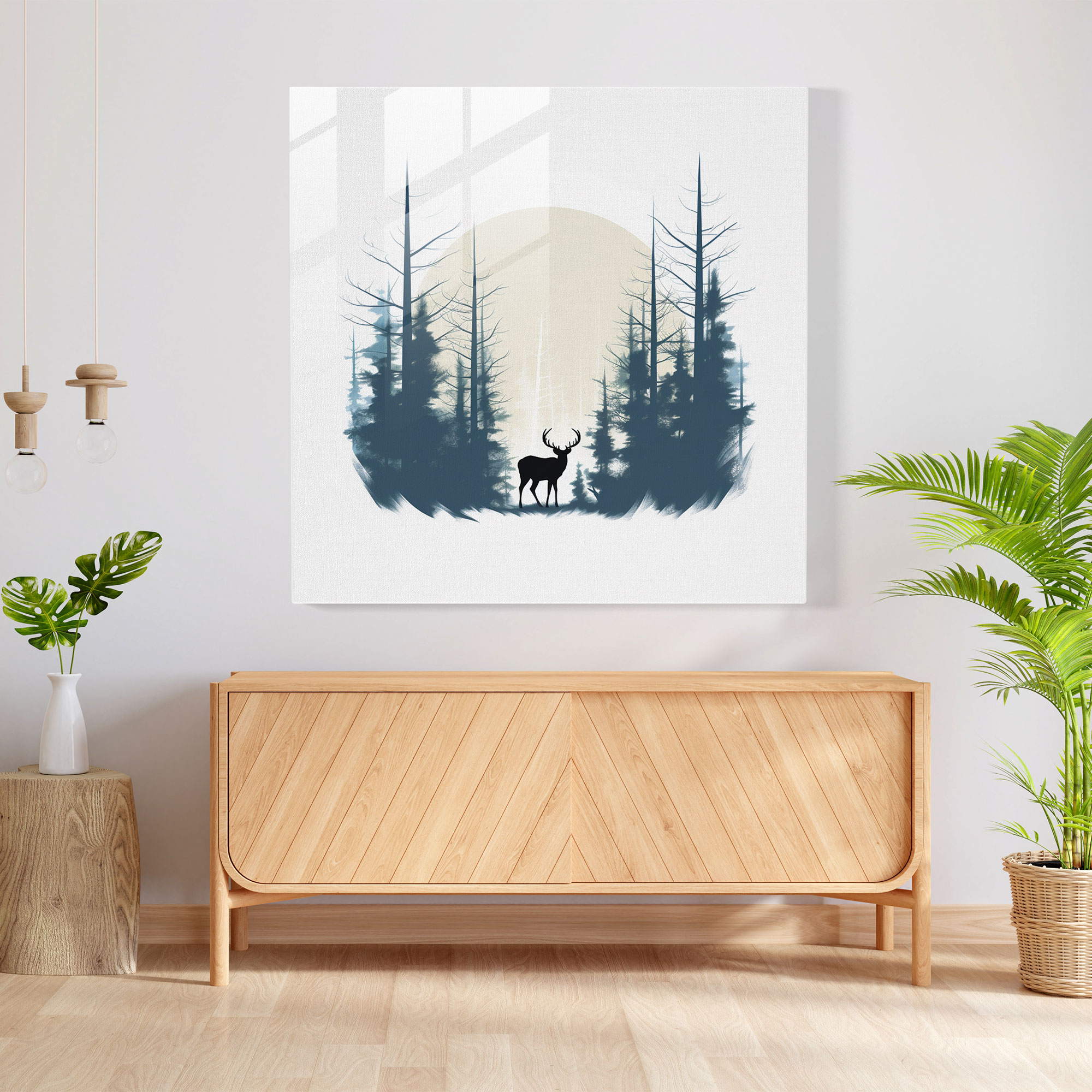 Elk Cam Tablo - Minimalist Çizgili Çizim Modern Duvar Dekorasyonu - Geyik Modern Sanat Minimalist Orman