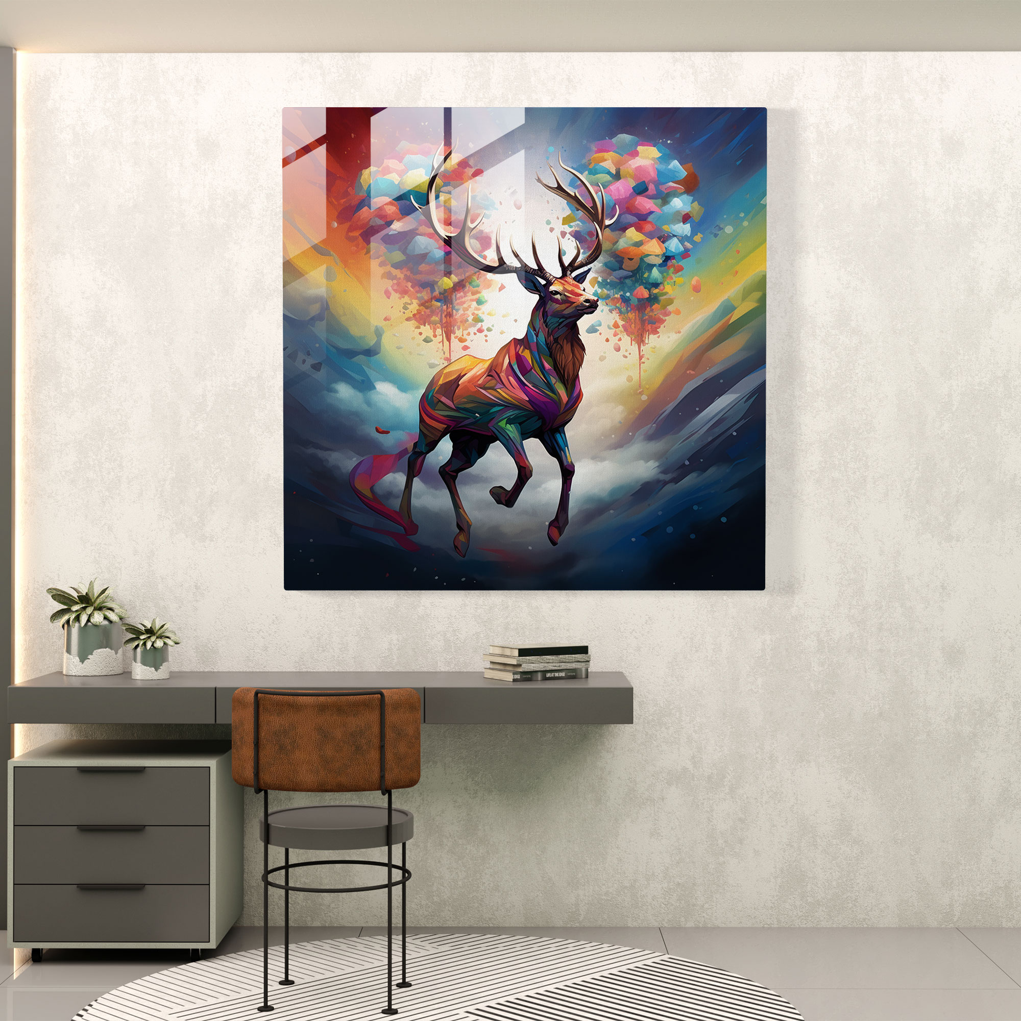 Elk Cam Tablo - Gerçeküstü Dijital Sanat Modern Duvar Dekorasyonu - Geyik Duvar Dekorasyonu Modern Sanat Renkler