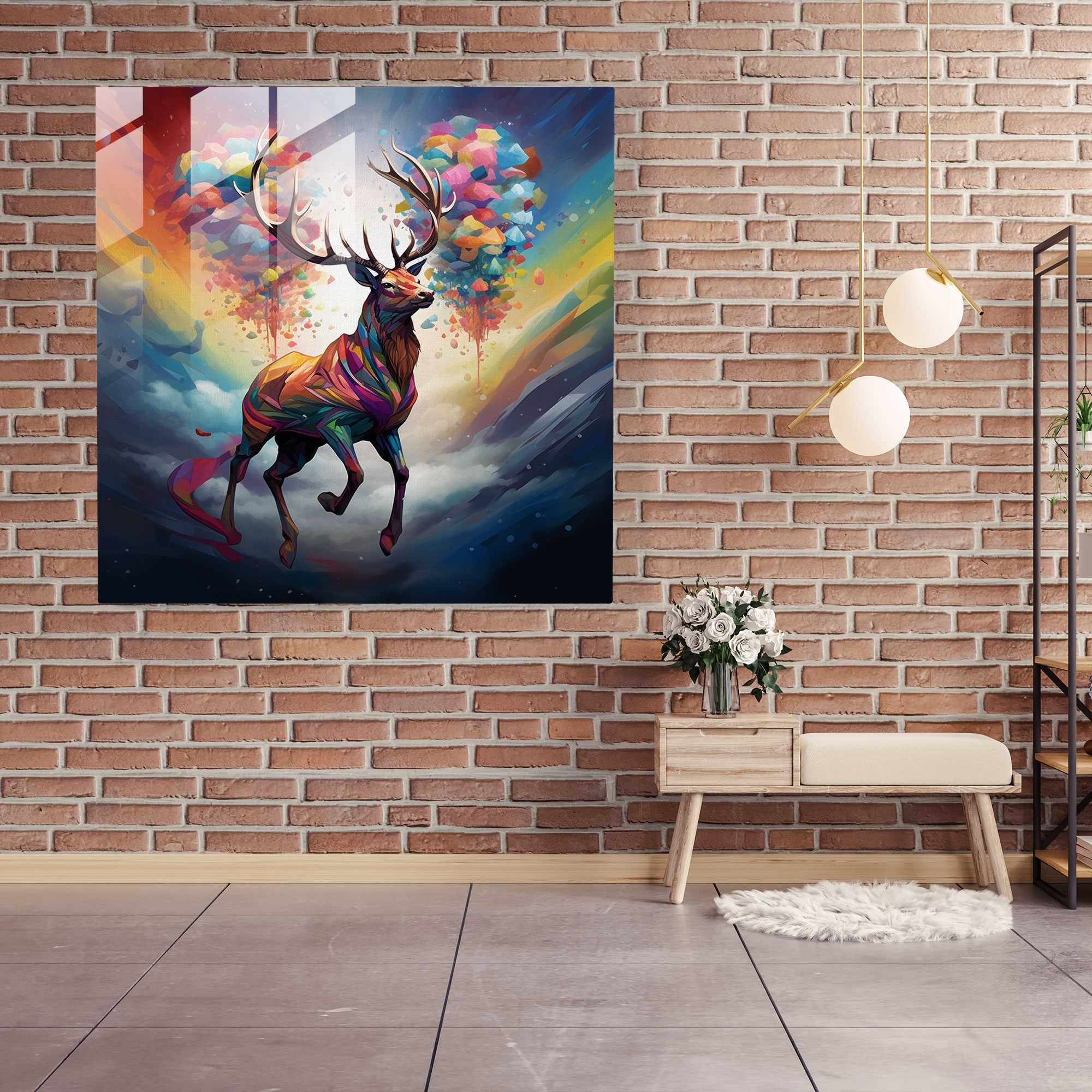 Elk Cam Tablo - Gerçeküstü Dijital Sanat Modern Duvar Dekorasyonu - Geyik Duvar Dekorasyonu Modern Sanat Renkler