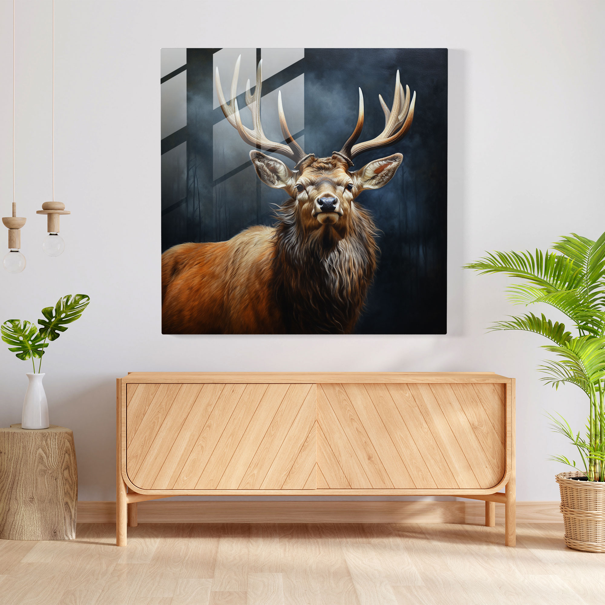 Elk Cam Tablo - Gerçekçi Yağlı Boyama Ev Dekorasyonu - Geyik Cam Tablo Gerçekçi Cam Duvar Sanatı