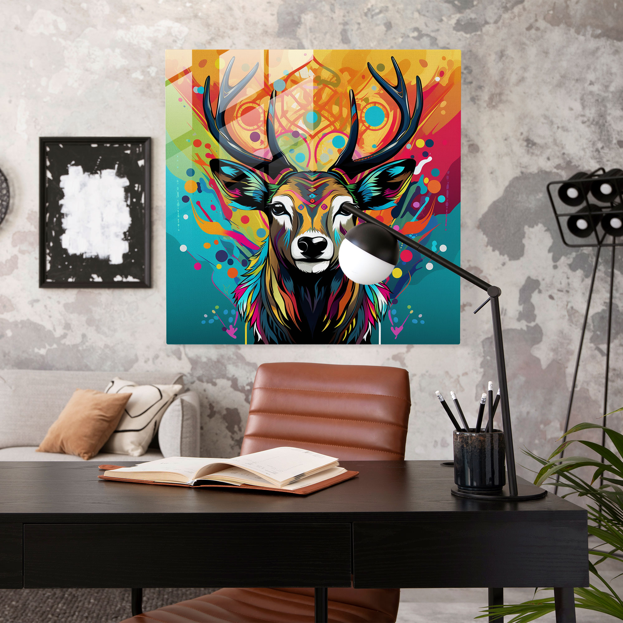 Elk Cam Tablo - Pop Art İllüstrasyon Modern Duvar Dekorasyonu - Geyik İllüstrasyon Duvar Dekorasyonu