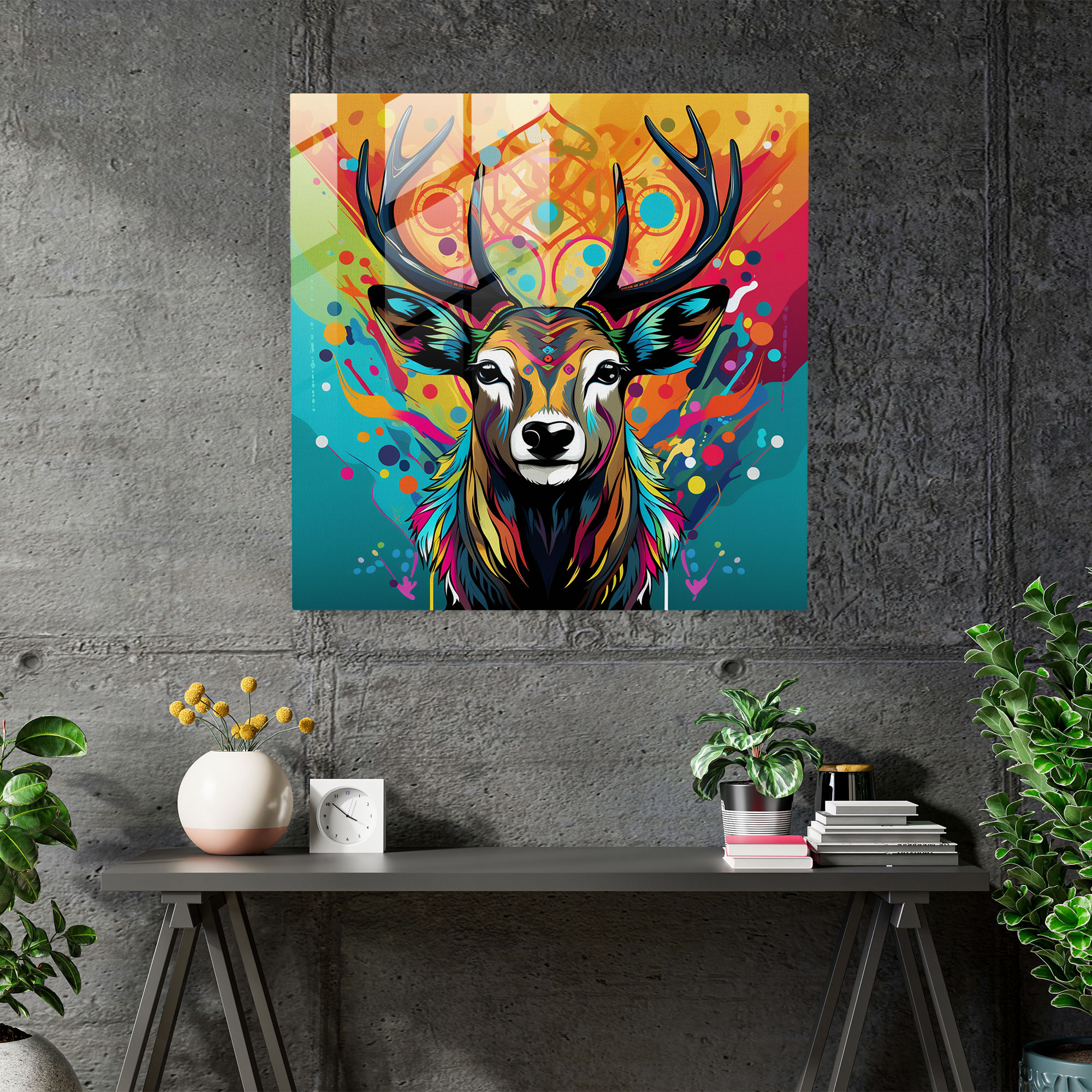 Elk Cam Tablo - Pop Art İllüstrasyon Modern Duvar Dekorasyonu - Geyik İllüstrasyon Duvar Dekorasyonu