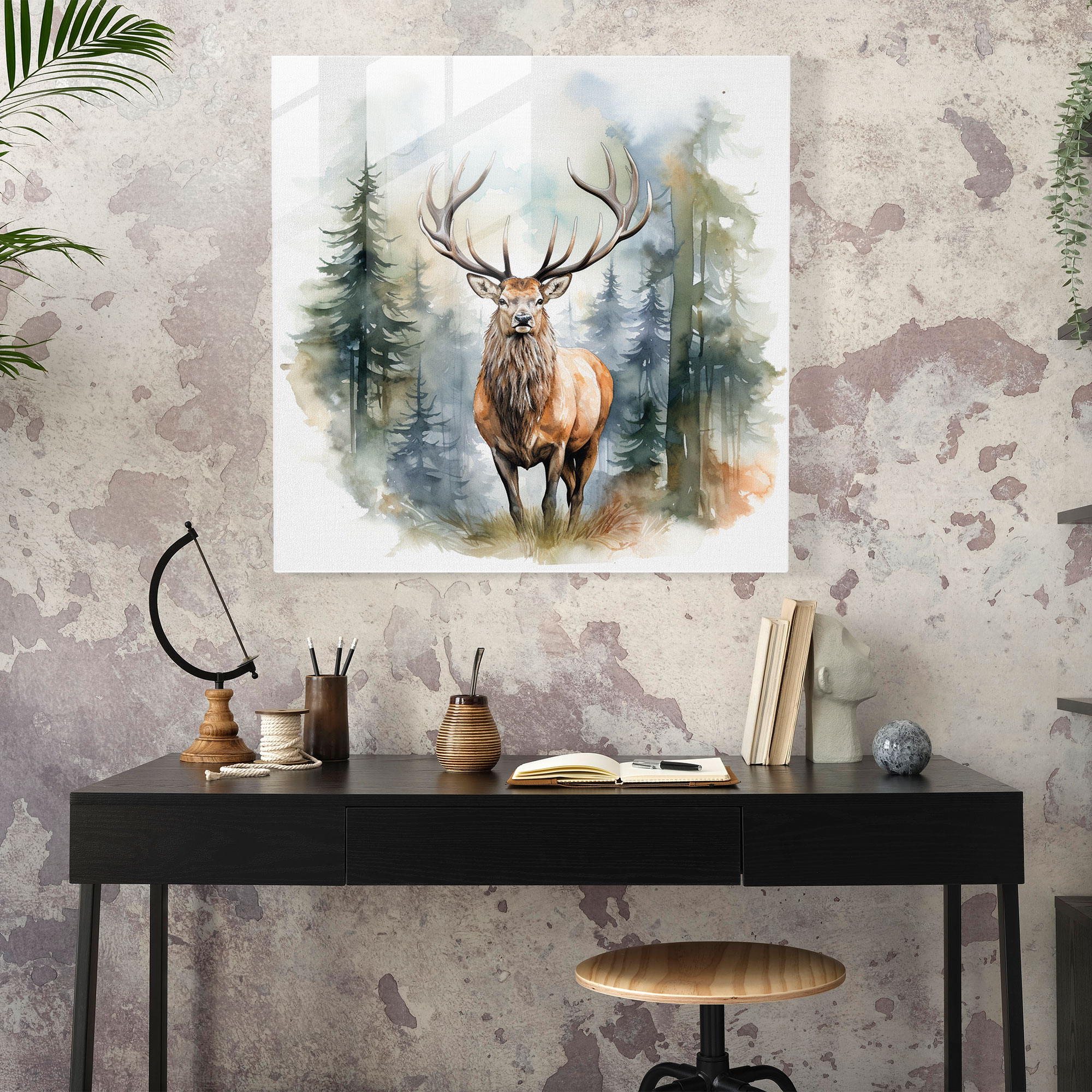 Huzurlu Orman Geyiği Cam Tablo - Geyik Suluboya İllüstrasyon Huzurlu Orman Geyiği Cam Tablo Modern Sanat