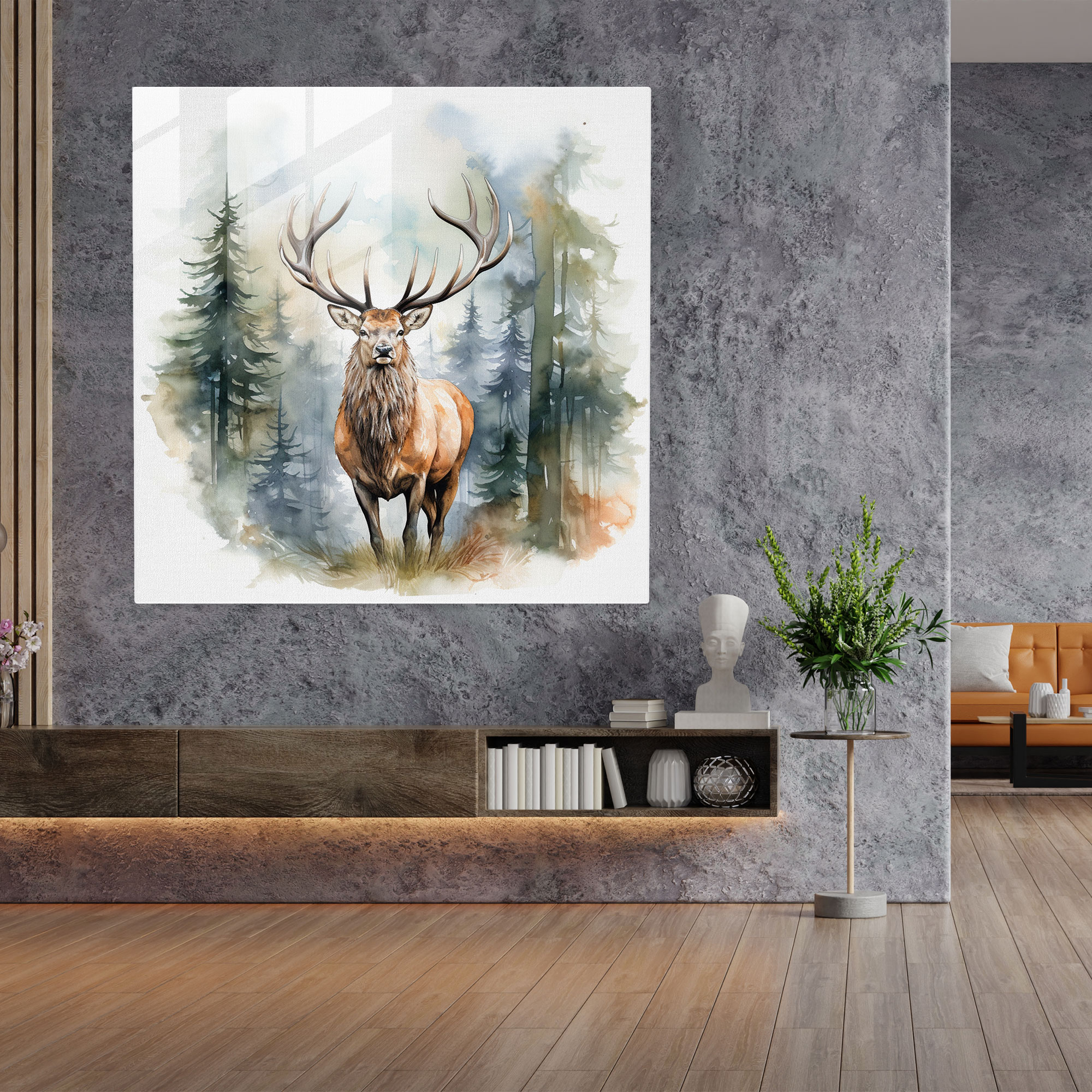 Huzurlu Orman Geyiği Cam Tablo - Geyik Suluboya İllüstrasyon Huzurlu Orman Geyiği Cam Tablo Modern Sanat