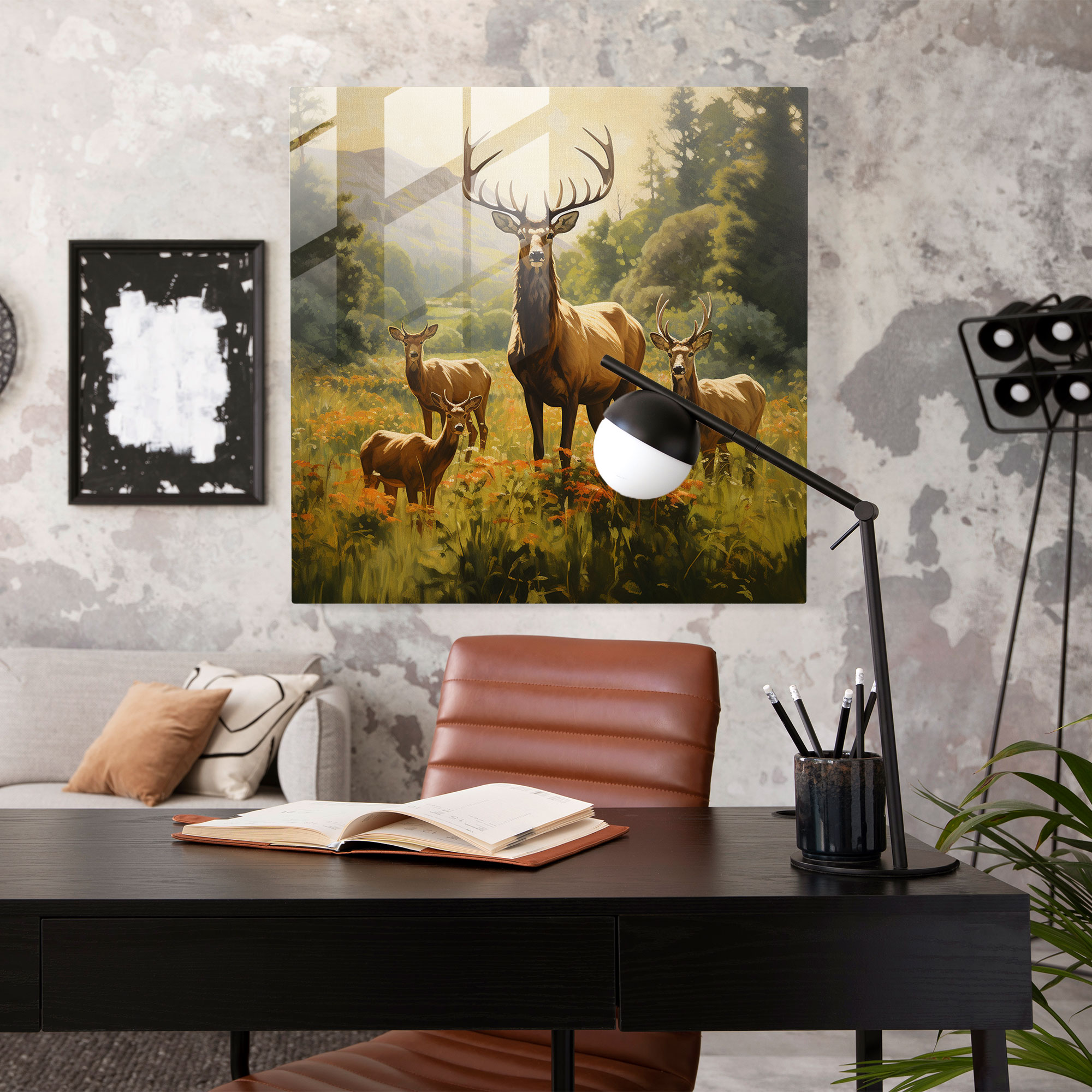 Harmonious Grazing Glass Print - Elk, Grazing, Family Of Elks, Home Decoration