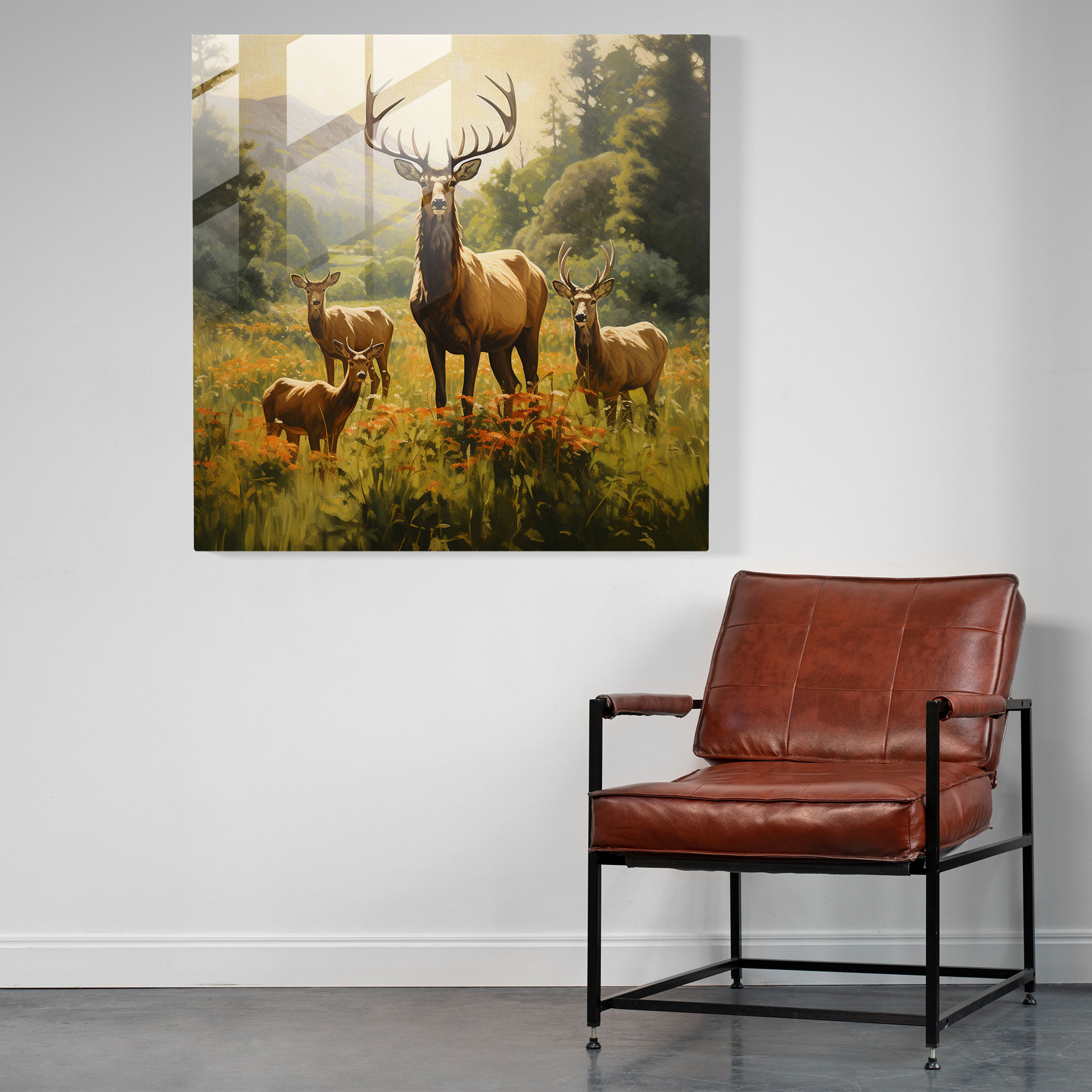 Harmonious Grazing Glass Print - Elk, Grazing, Family Of Elks, Home Decoration