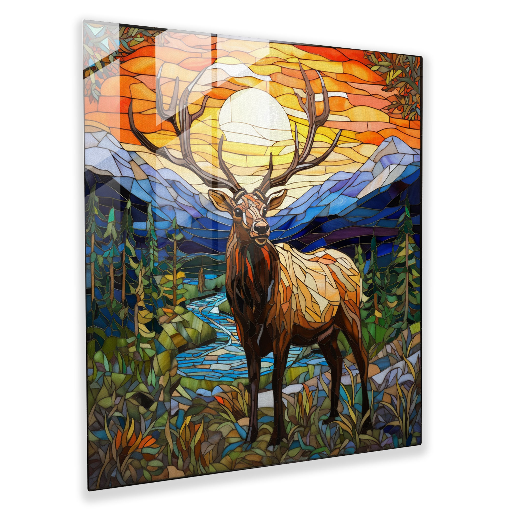 Artistic Wilderness Elk Glass Print - Elk, Glass Art, Elk In Natural Landscape, Stained Glass Mosaic