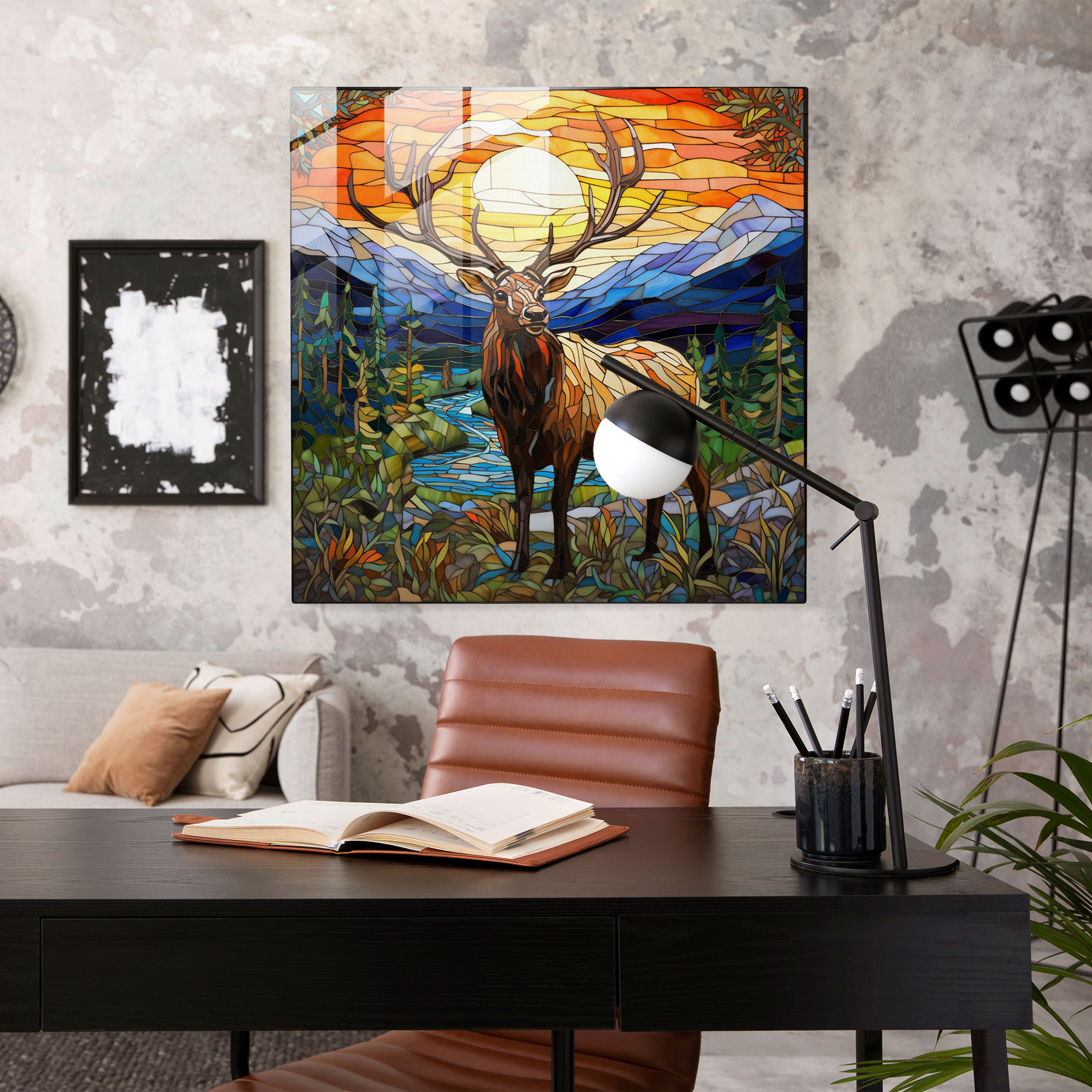 Artistic Wilderness Elk Glass Print - Elk, Glass Art, Elk In Natural Landscape, Stained Glass Mosaic