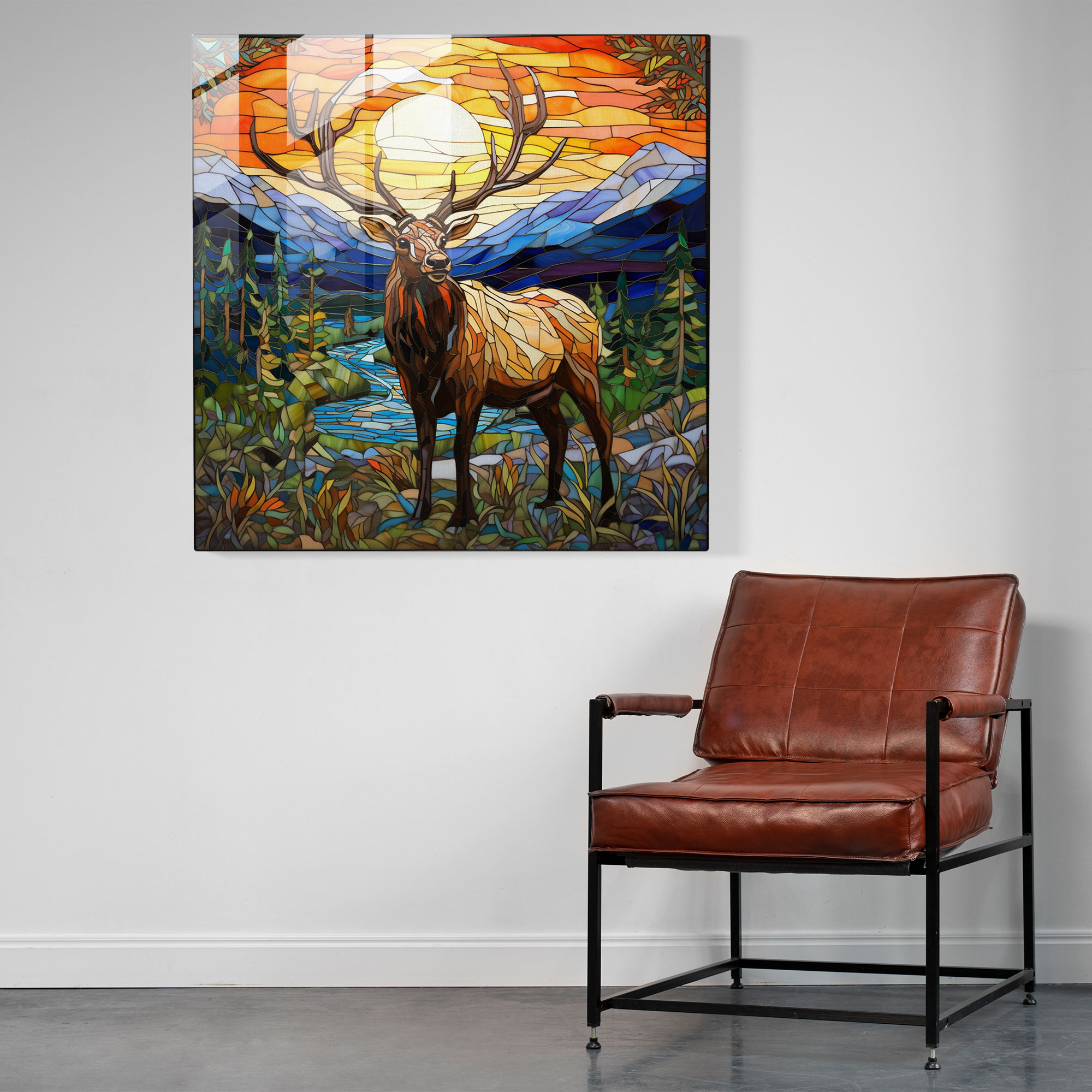 Artistic Wilderness Elk Glass Print - Elk, Glass Art, Elk In Natural Landscape, Stained Glass Mosaic