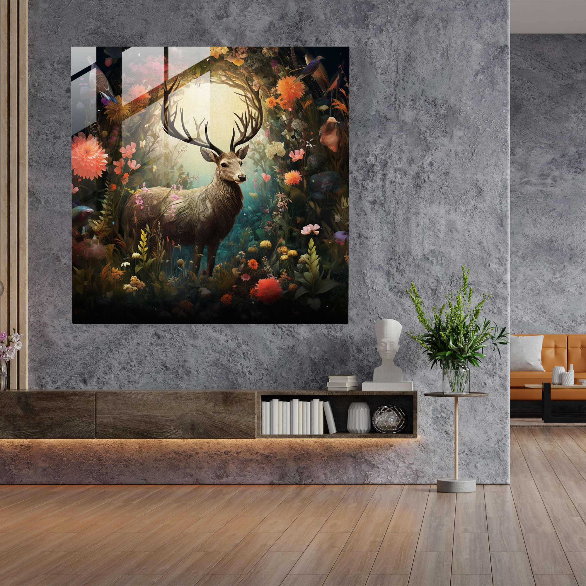 Botanik Asalet Cam Tablo - Geyik Cam Sanat Botanik