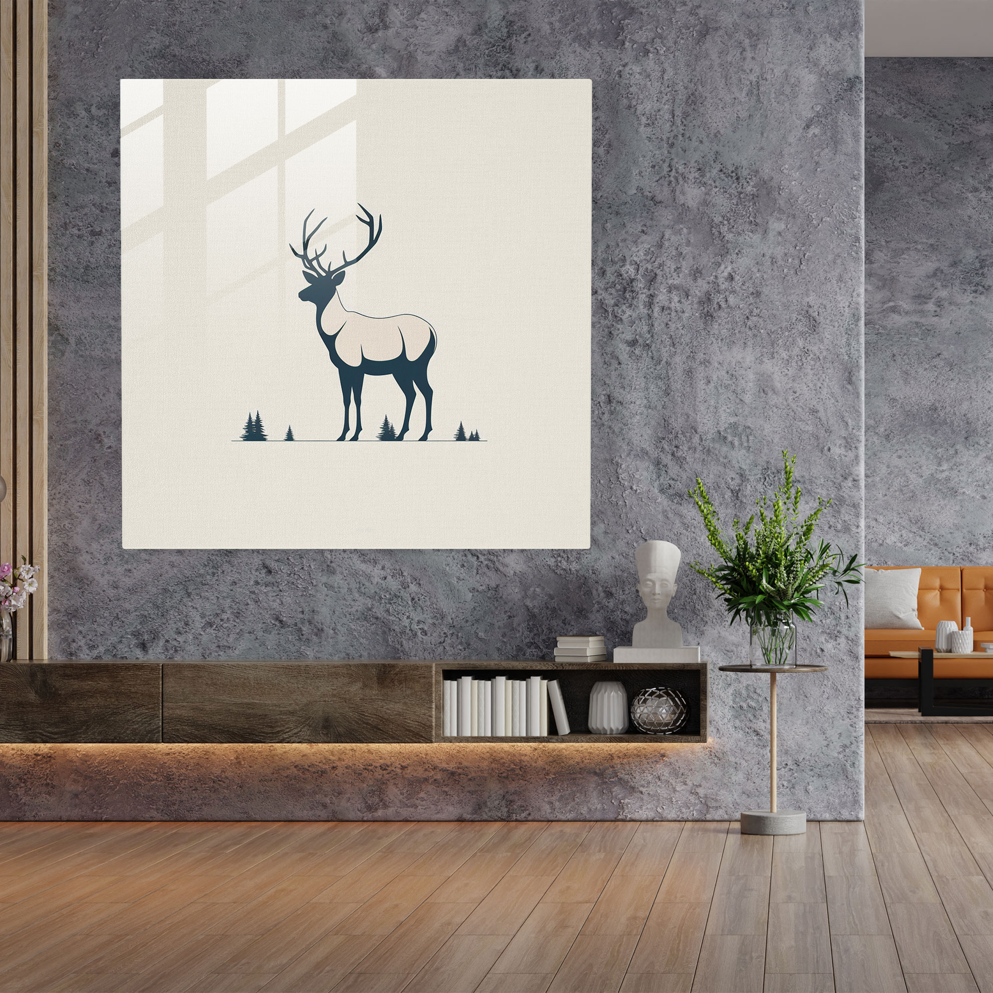 Şık Siluet Geyik Cam Tablo - Geyik Modern Sanat Minimalist Sadelik