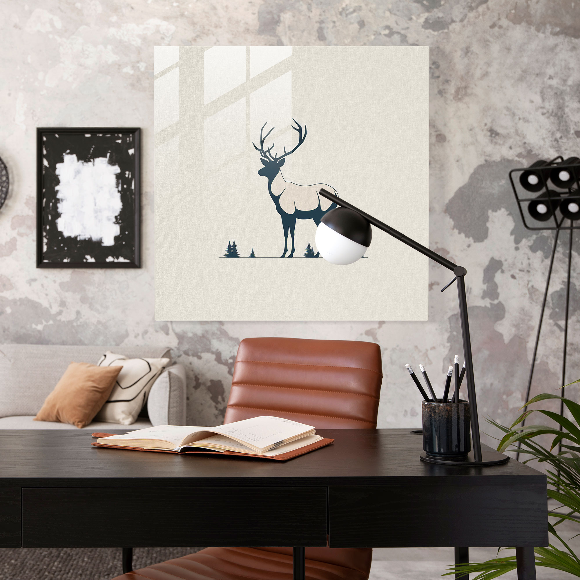 Şık Siluet Geyik Cam Tablo - Geyik Modern Sanat Minimalist Sadelik