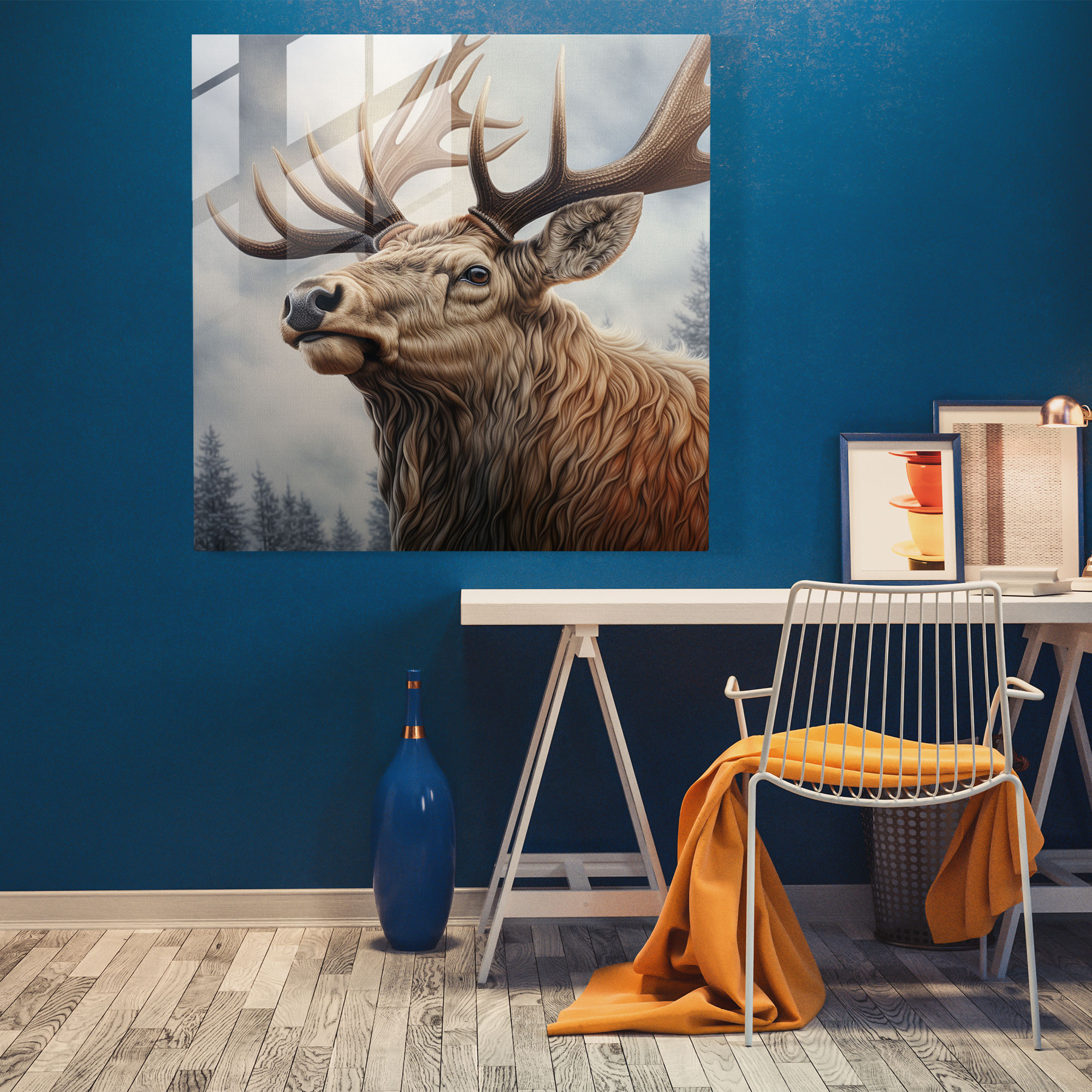 Majestic Encounter Elk Glass Print - Elk, Modern Art, Nature, Close-Up