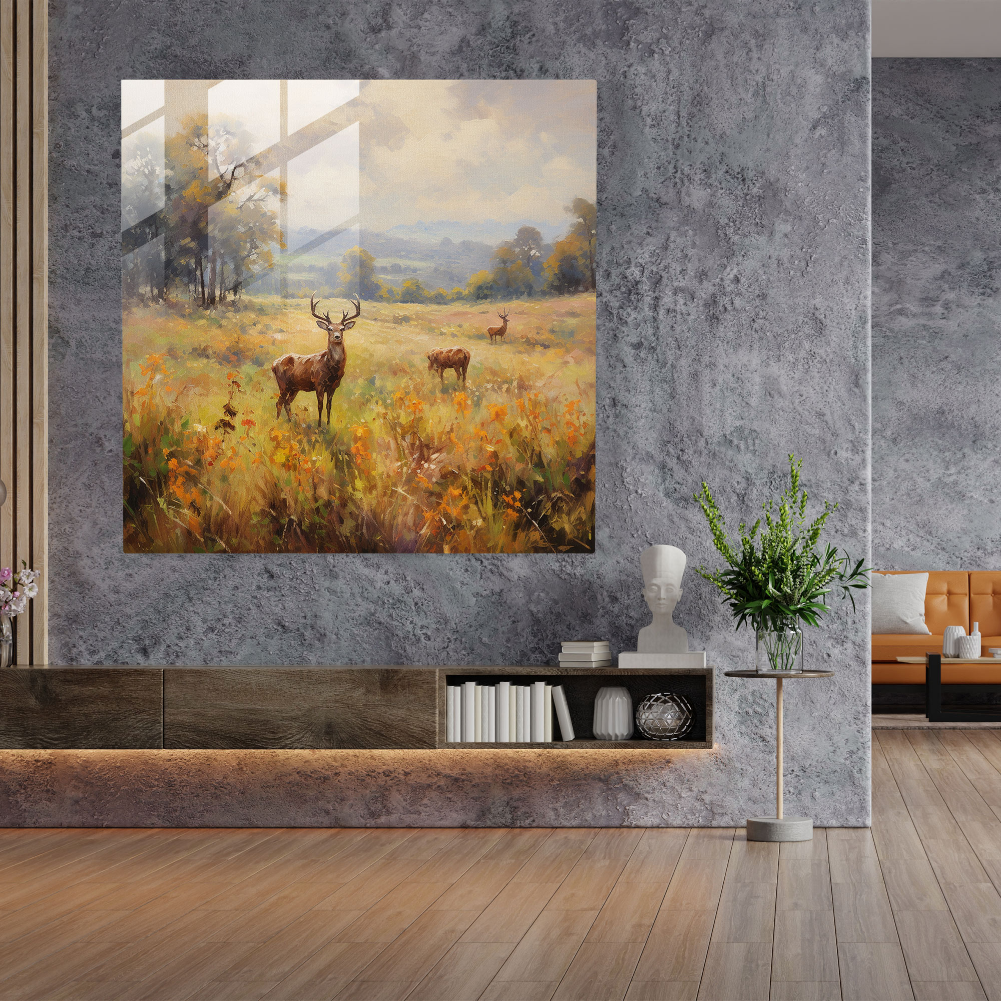 Sakin Otlayan Geyikler Cam Tablosu - Geyik Duvar Dekorasyonu Modern Sanat