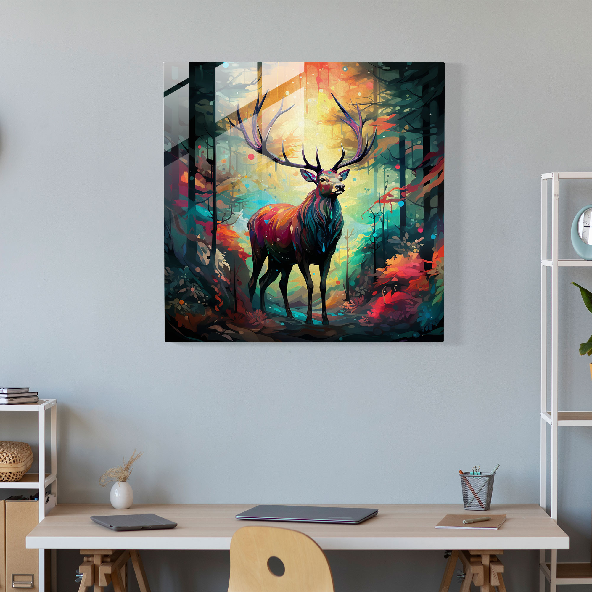 Abstract Elk Glass Print - Elk, Modern Art, Home Decoration, Vibrant