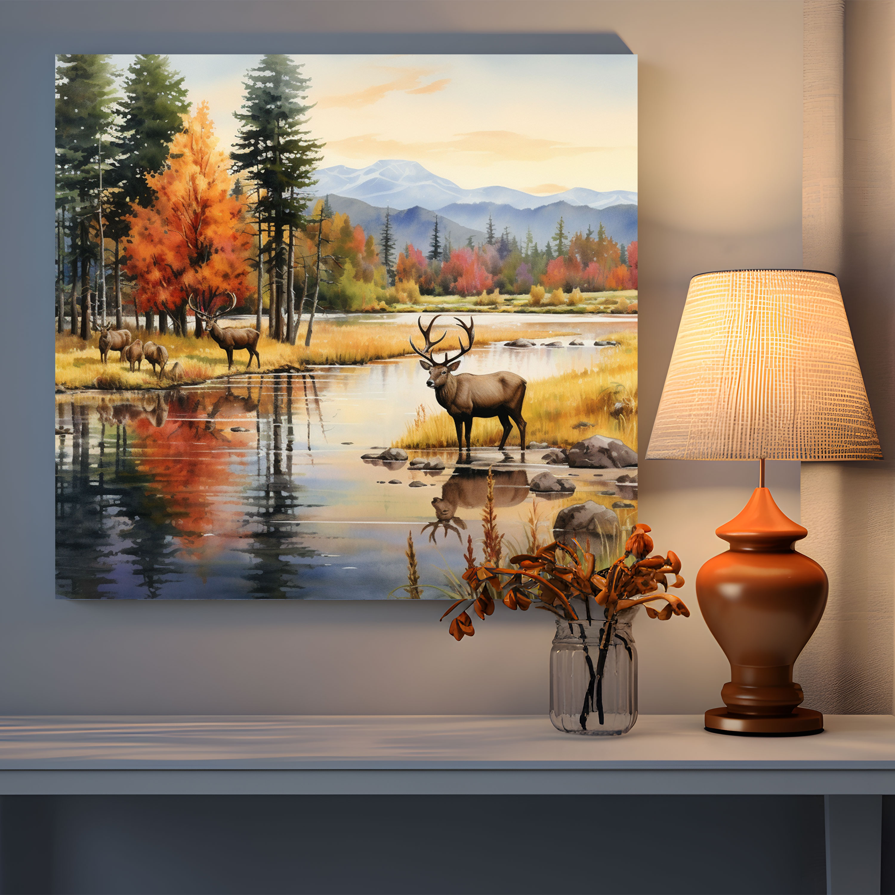 Elk Wall Art - Serene Fall Scene - Elk, Elk Wall Art, Watercolor Art, Fall Scene