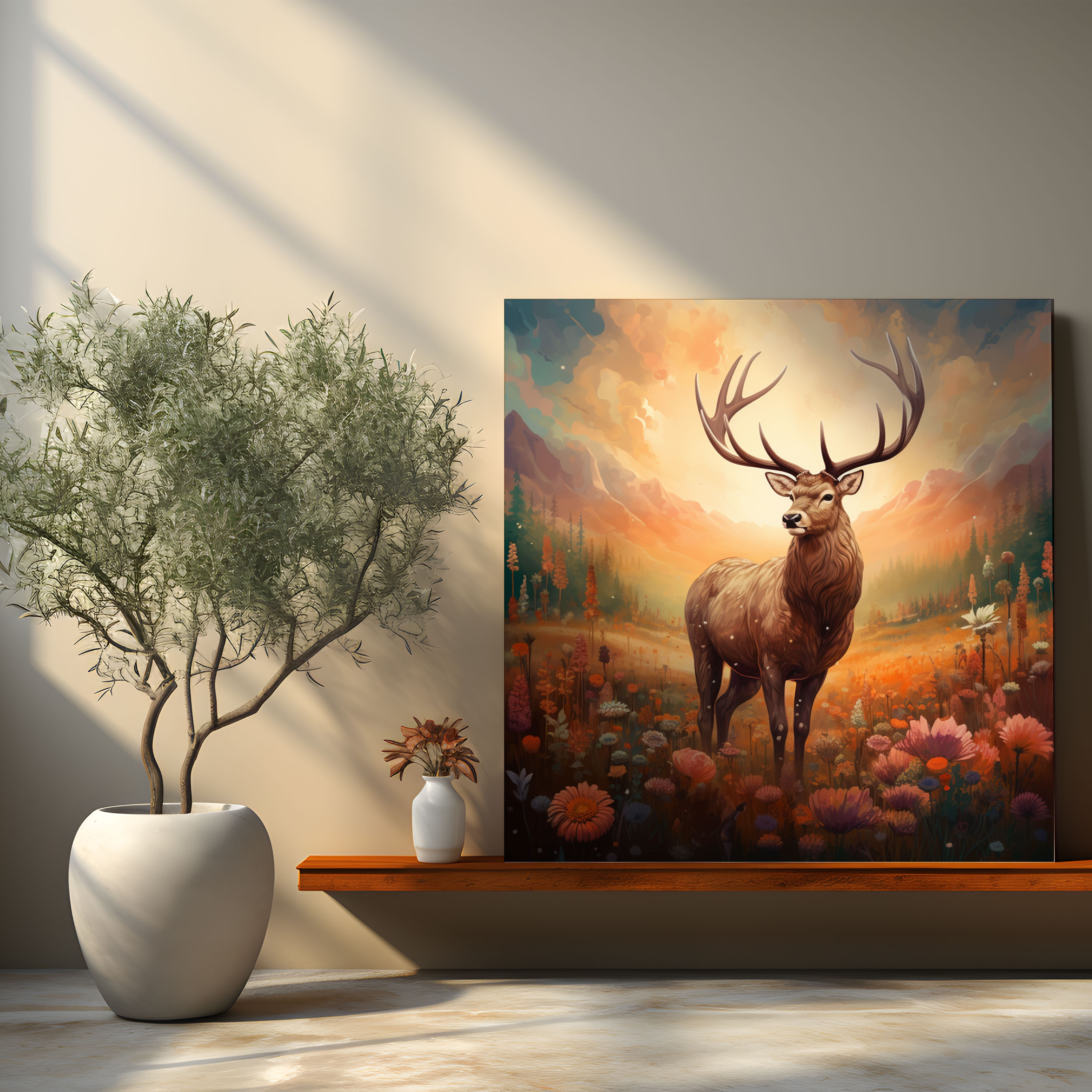 Elk Duvar Dekorasyonu - Çayır Serenadı - Kanvas Tablo Yabani Çiçeklerle Dolu Çayır Vintage Tarzı Sanat Eseri