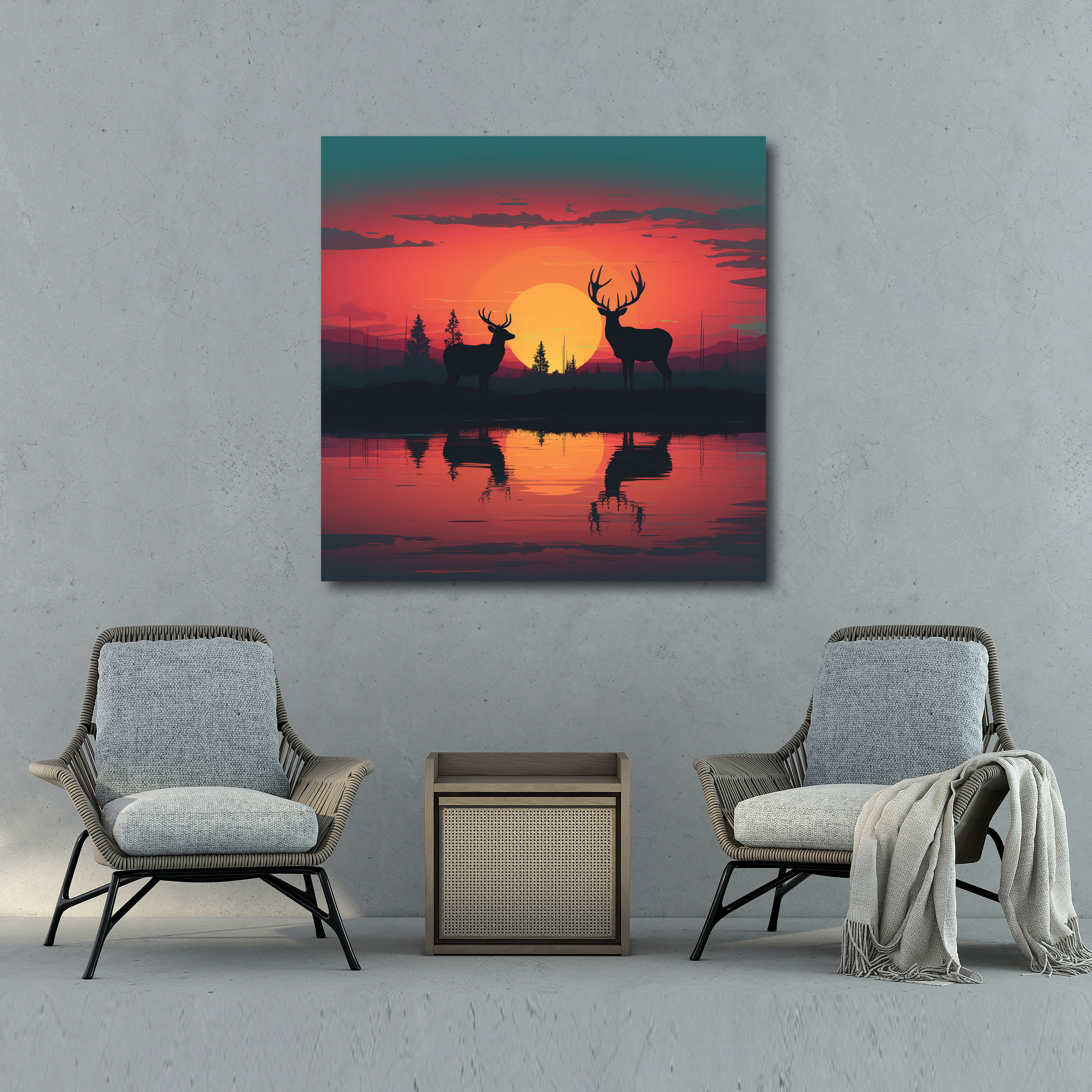 Elk Duvar Dekorasyonu - Minimalist Dijital Sanat - Kanvas Tablo - Doğa Geyik Canlı Günbatımı Dijital Sanat Eseri