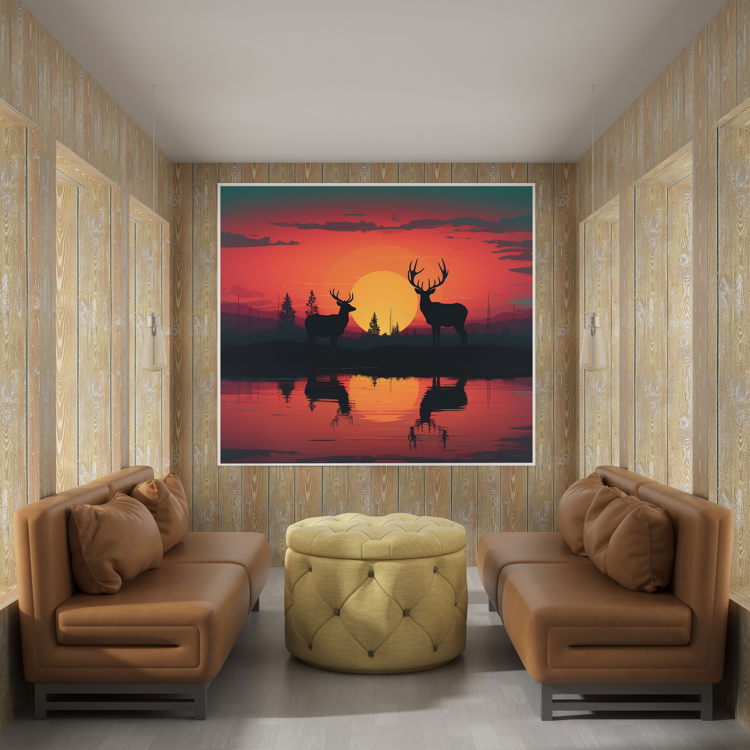 Elk Duvar Dekorasyonu - Minimalist Dijital Sanat - Kanvas Tablo - Doğa Geyik Canlı Günbatımı Dijital Sanat Eseri