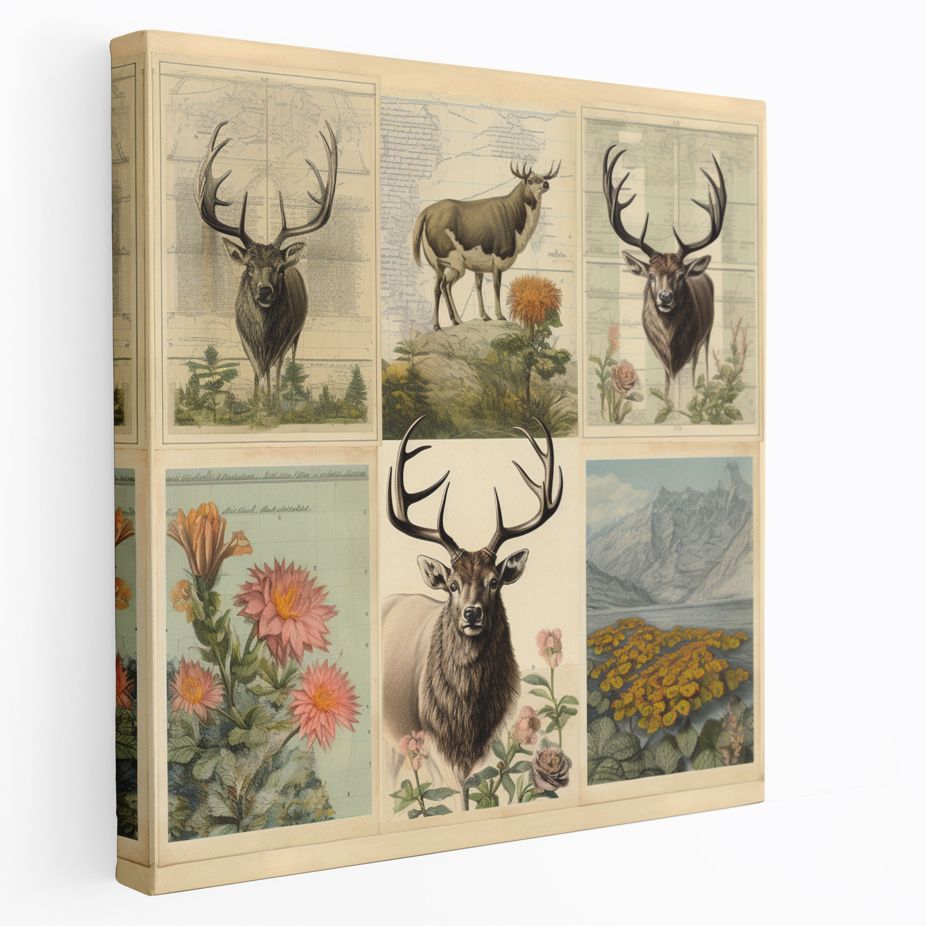 Elk Duvar Sanatı - Vintage Kolaj - Yüksek Kaliteli Kanvas Tablo - Geyik Kanvas İllüstrasyonlar Vintage Kolaj