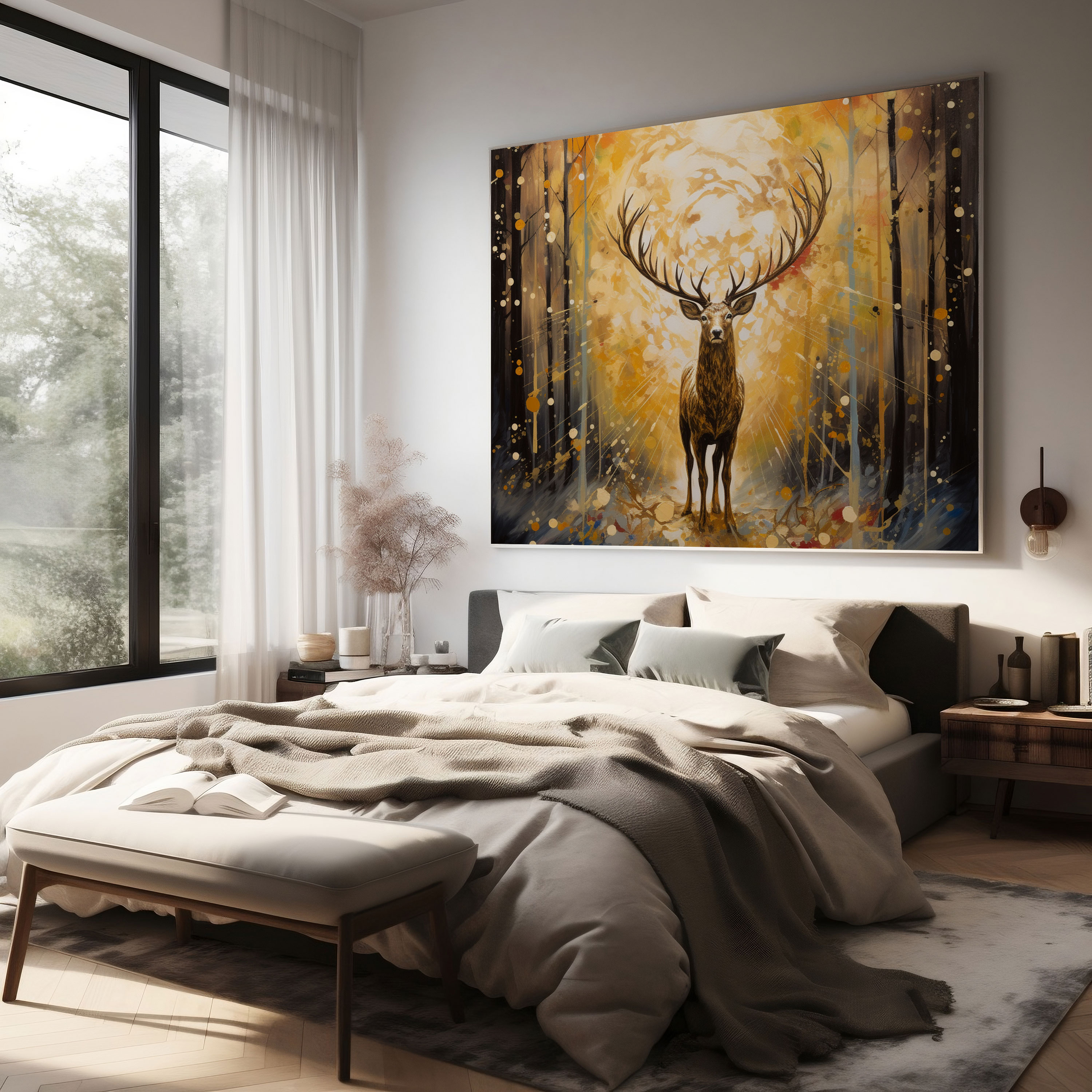 Elk Canvas Print - Golden Forest - Elk, Abstract Acrylic Painting, Wall Decoration, Canvas Print