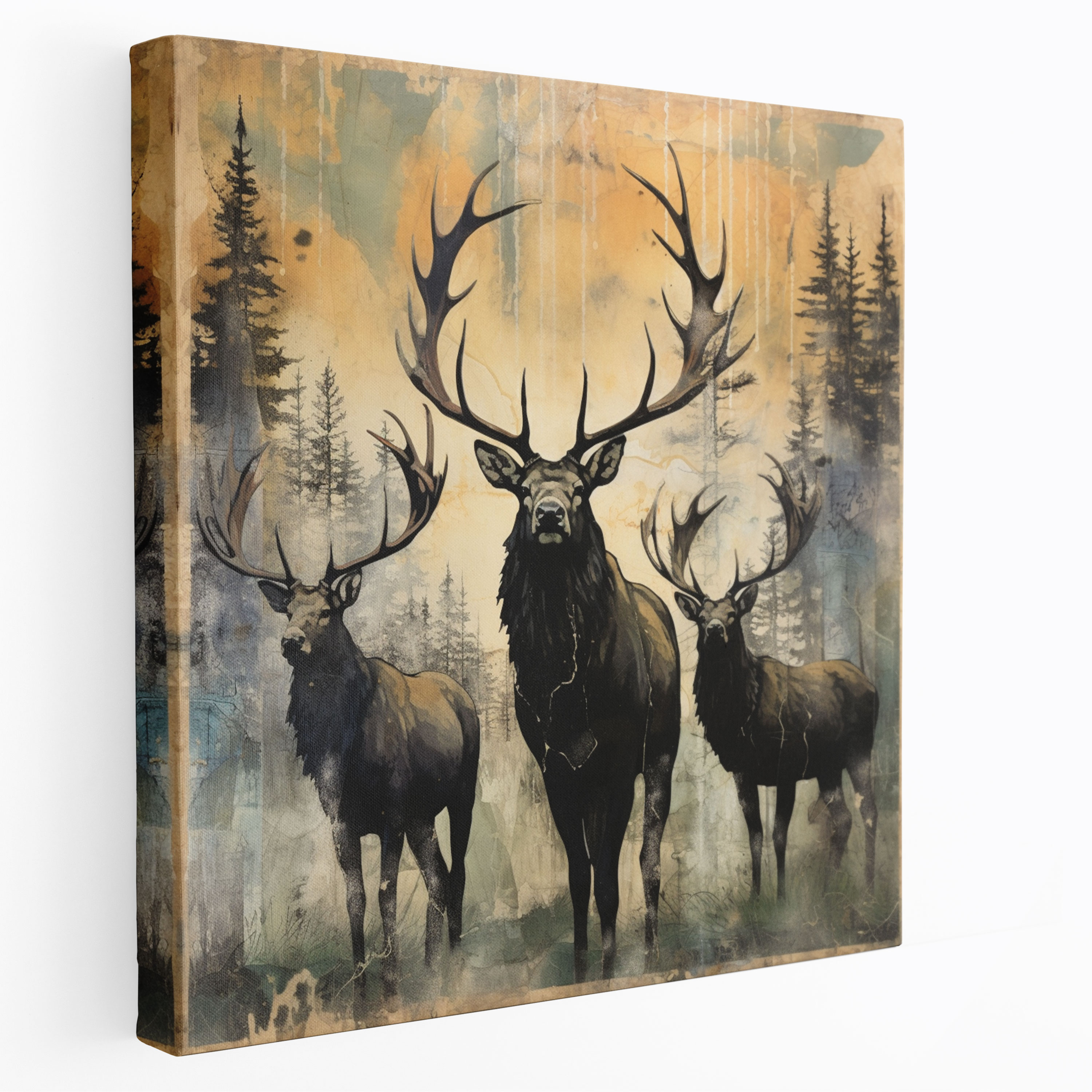 Elk Wall Art - Rustic Collage - Elk, Canvas Print, Mixed Media Art, Home Decoration