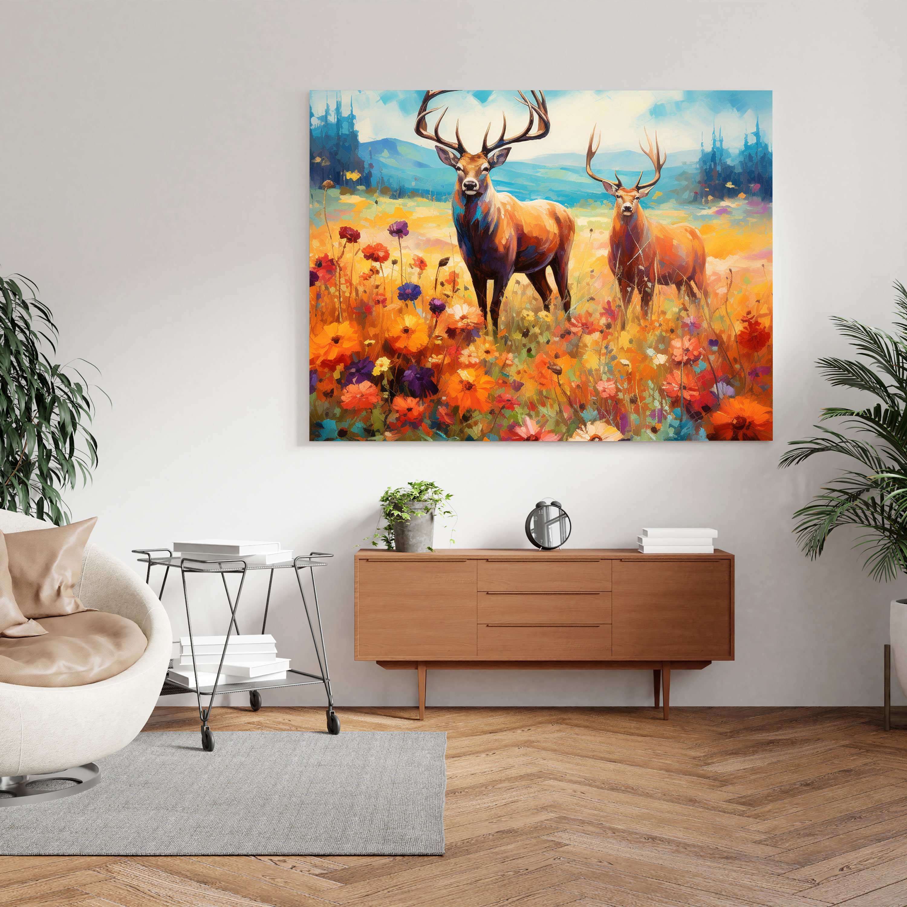 Elk Canvas Print - Impressionist Painting Of Grazing Elk In Wildflower Field - Elk, Canvas, Home Decoration, Wildflowers