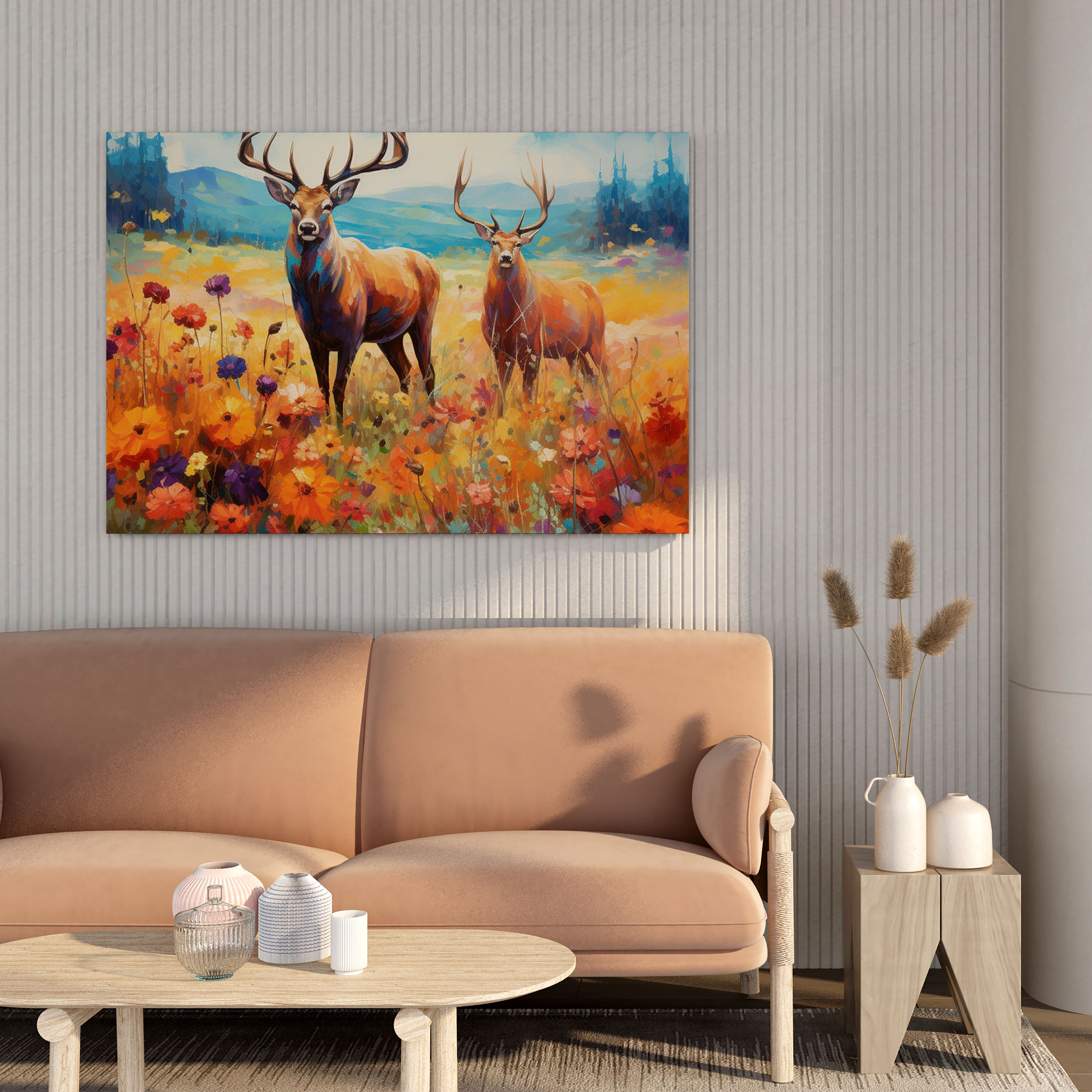 Elk Canvas Print - Impressionist Painting Of Grazing Elk In Wildflower Field - Elk, Canvas, Home Decoration, Wildflowers