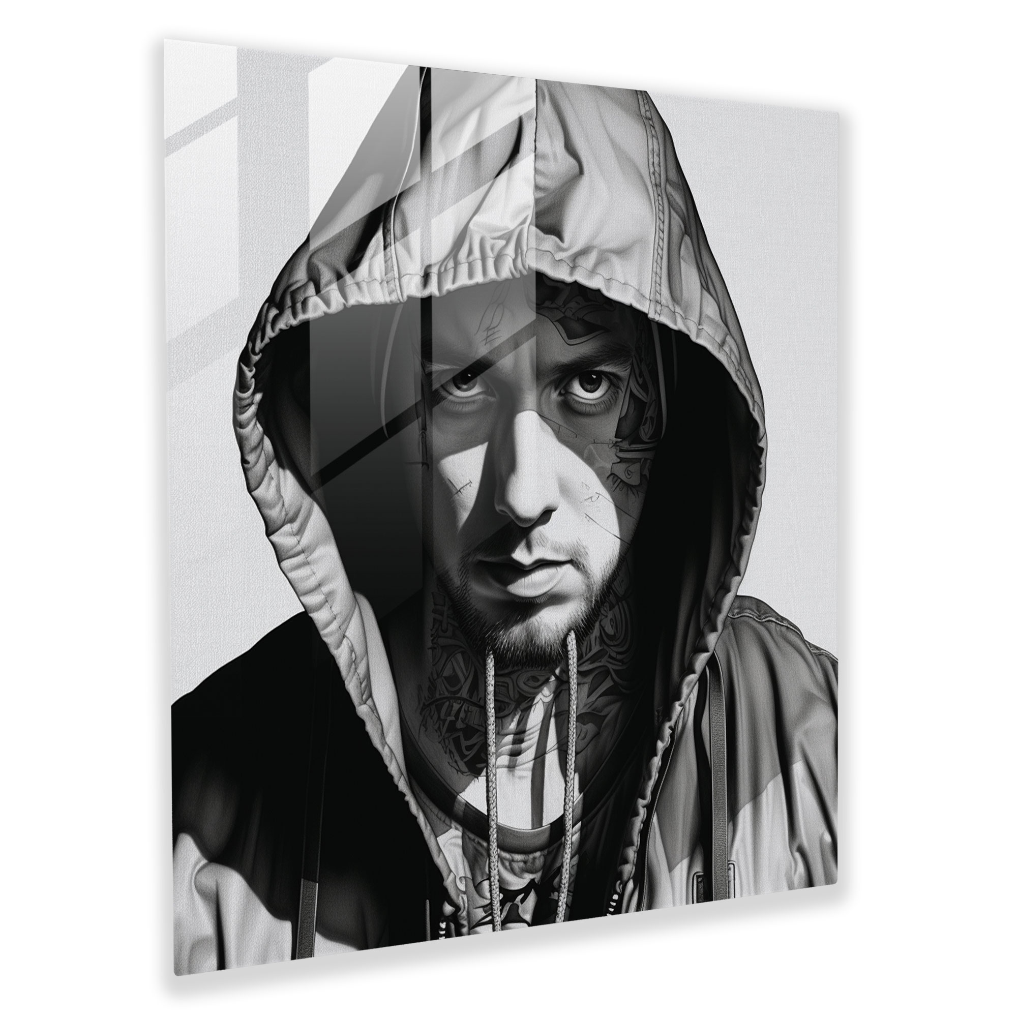 Eminem Glass Print - Eminem, Glass Wall Art, Wall Decoration, Black And White